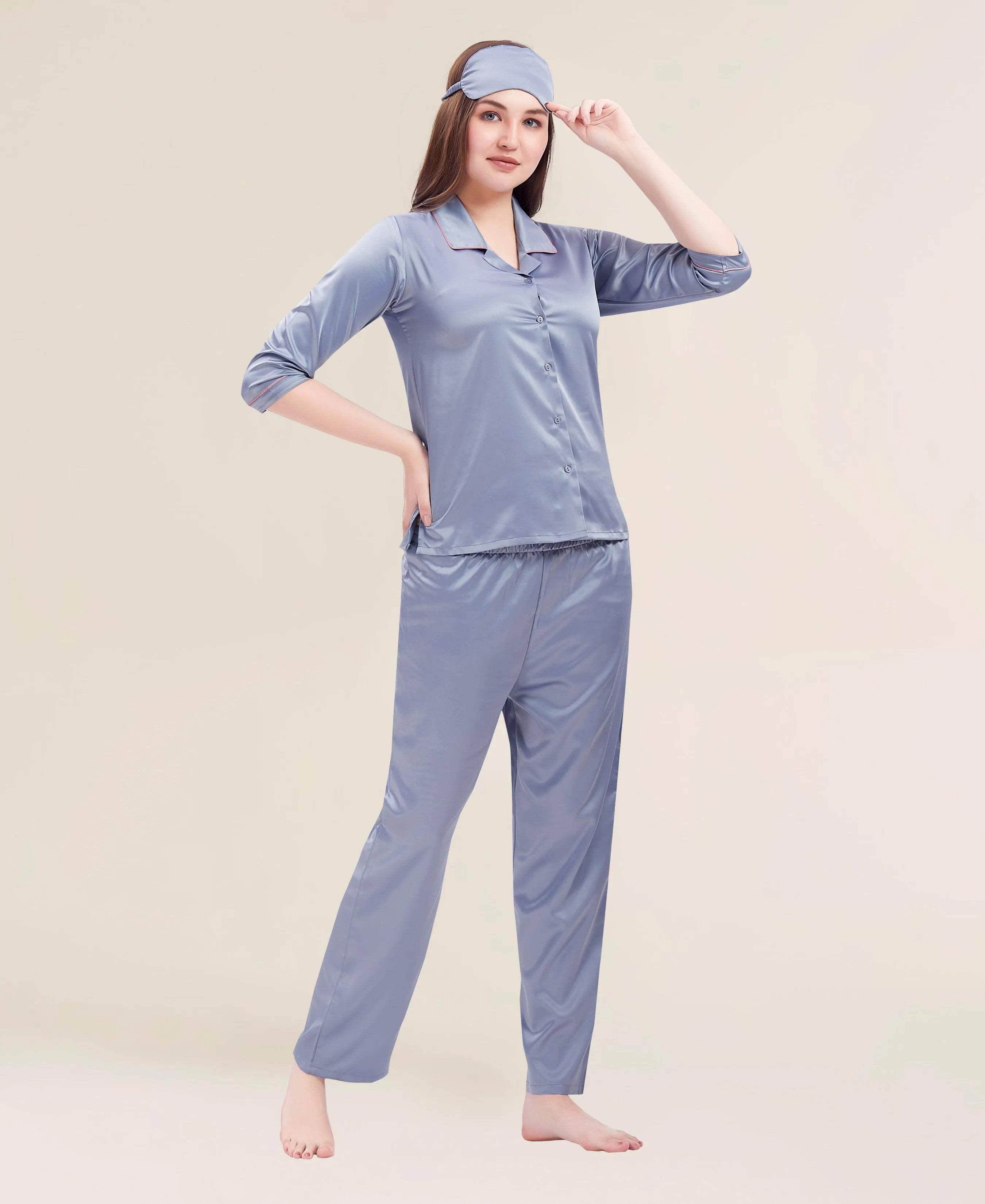 Velure Flerry Red Satin Night Suit - Velure - - 3/4 Sleeves, Collar Neck, Eye Mask, Front Button Open, Full Length Pant, Satin