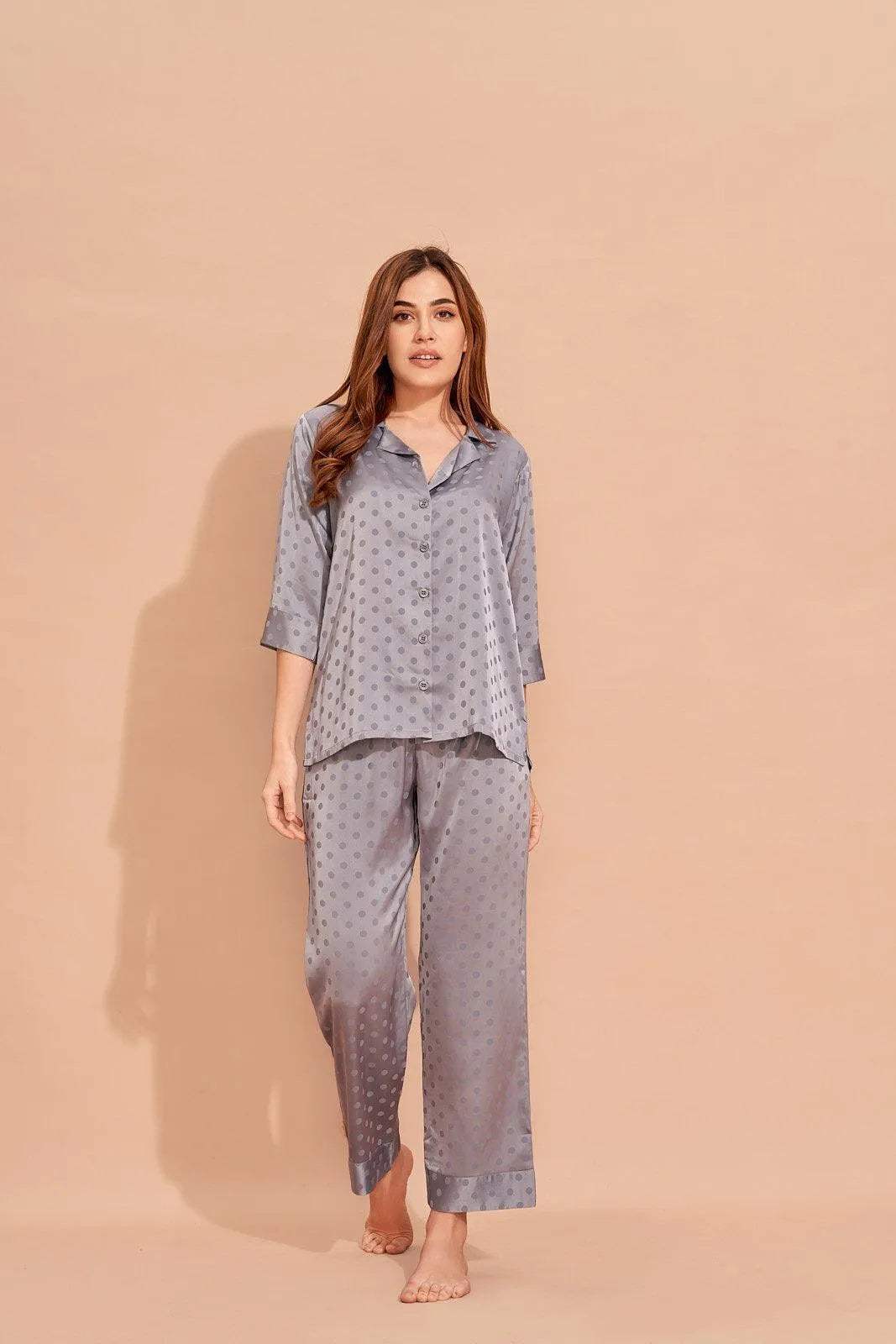 Velure Playful Polka Dot Satin Night Suit - Velure - Shirt and Pant - 3/4 Sleeves, Collar Neck, Front Button Open, Full Length Pant, Polka Dot, Satin