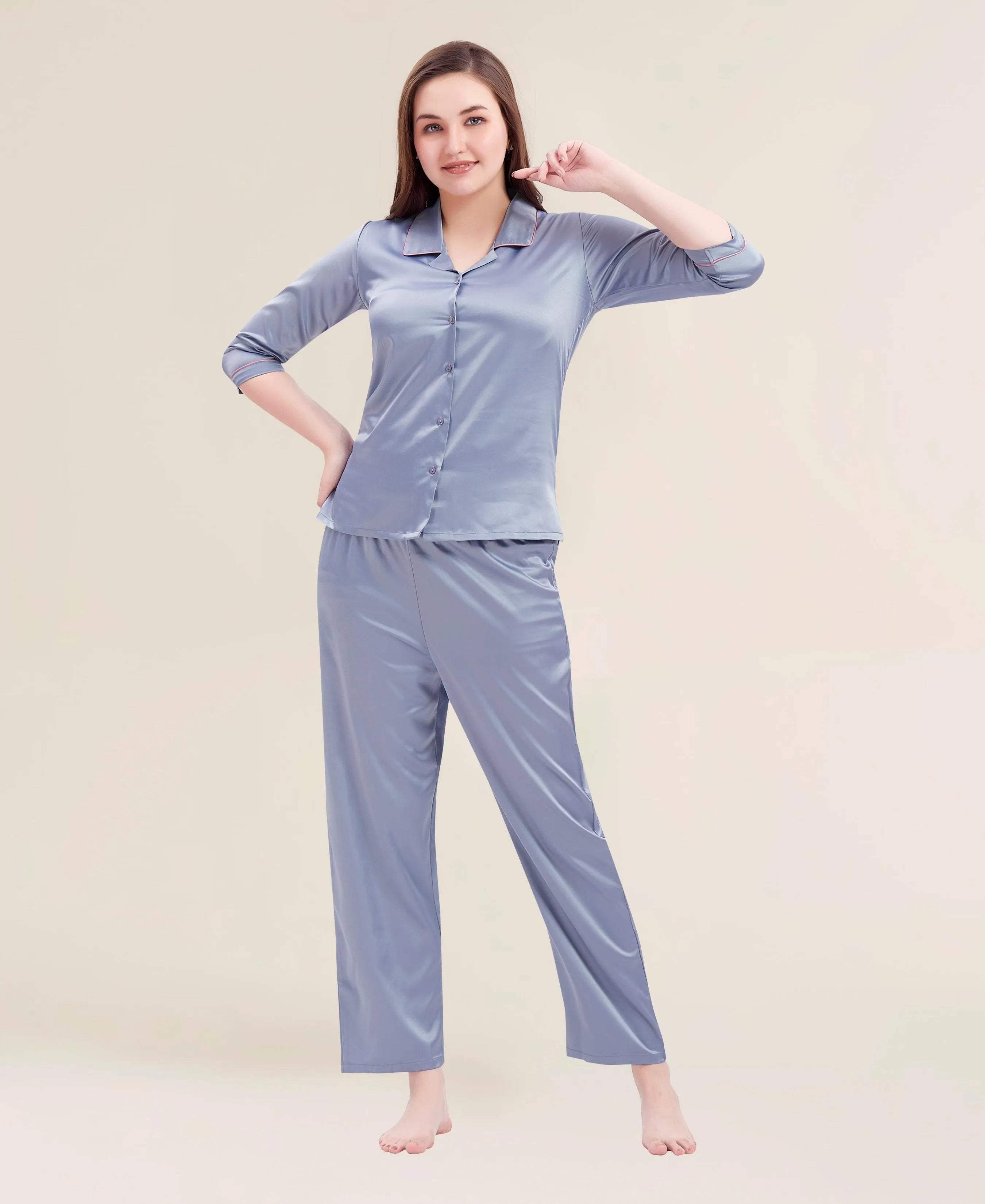 Velure Flerry Red Satin Night Suit - Velure - - 3/4 Sleeves, Collar Neck, Eye Mask, Front Button Open, Full Length Pant, Satin