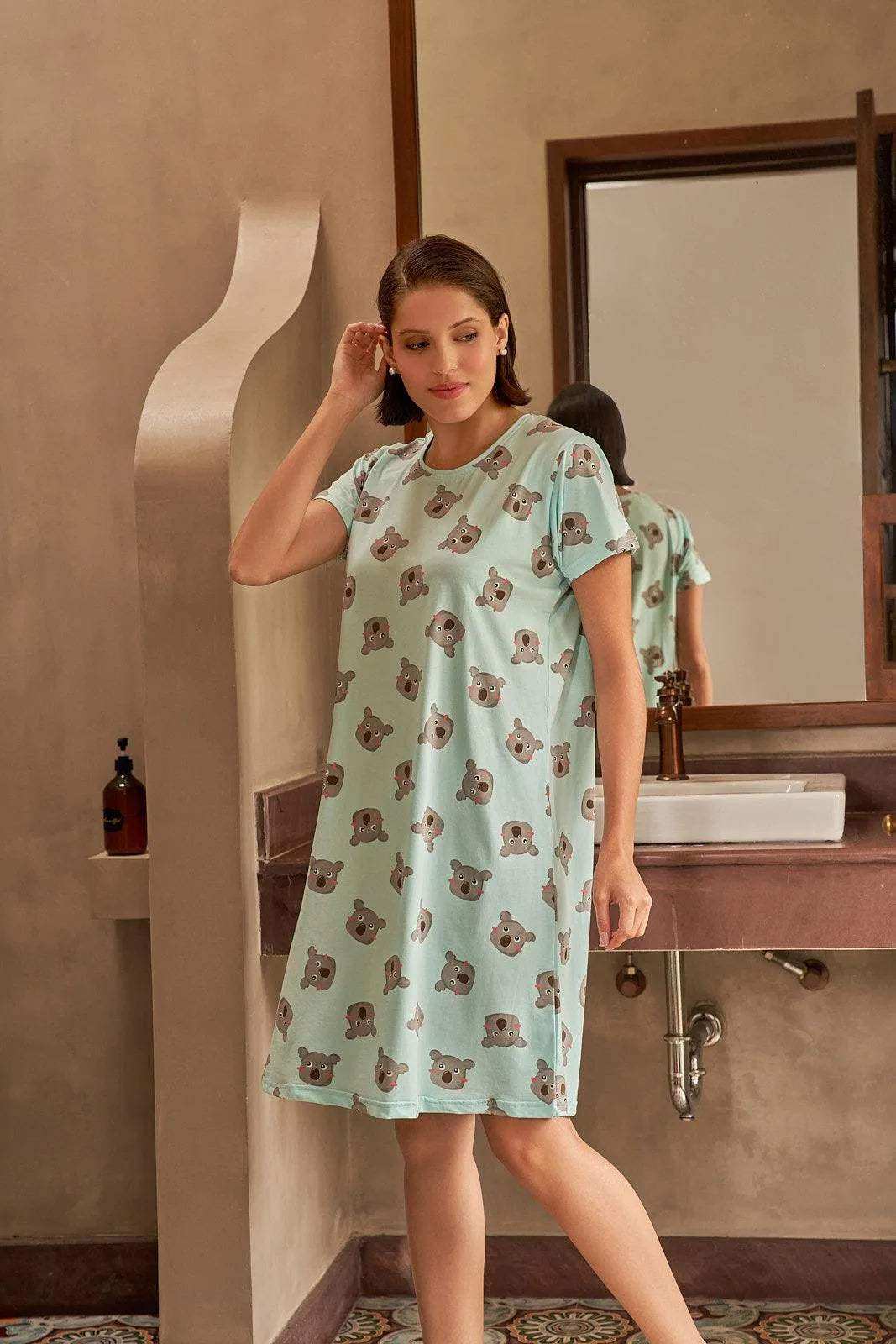 Koala Comfy Print Short Nighty - Velure - - Cotton, Half Sleeves, Knee Length, Printed, Round neck