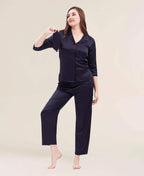 Velure Cool Chemistry Satin Night Suit - Velure - - 3/4 Sleeves, Collar Neck, Eye Mask, Front Button Open, Full Length Pant, Satin