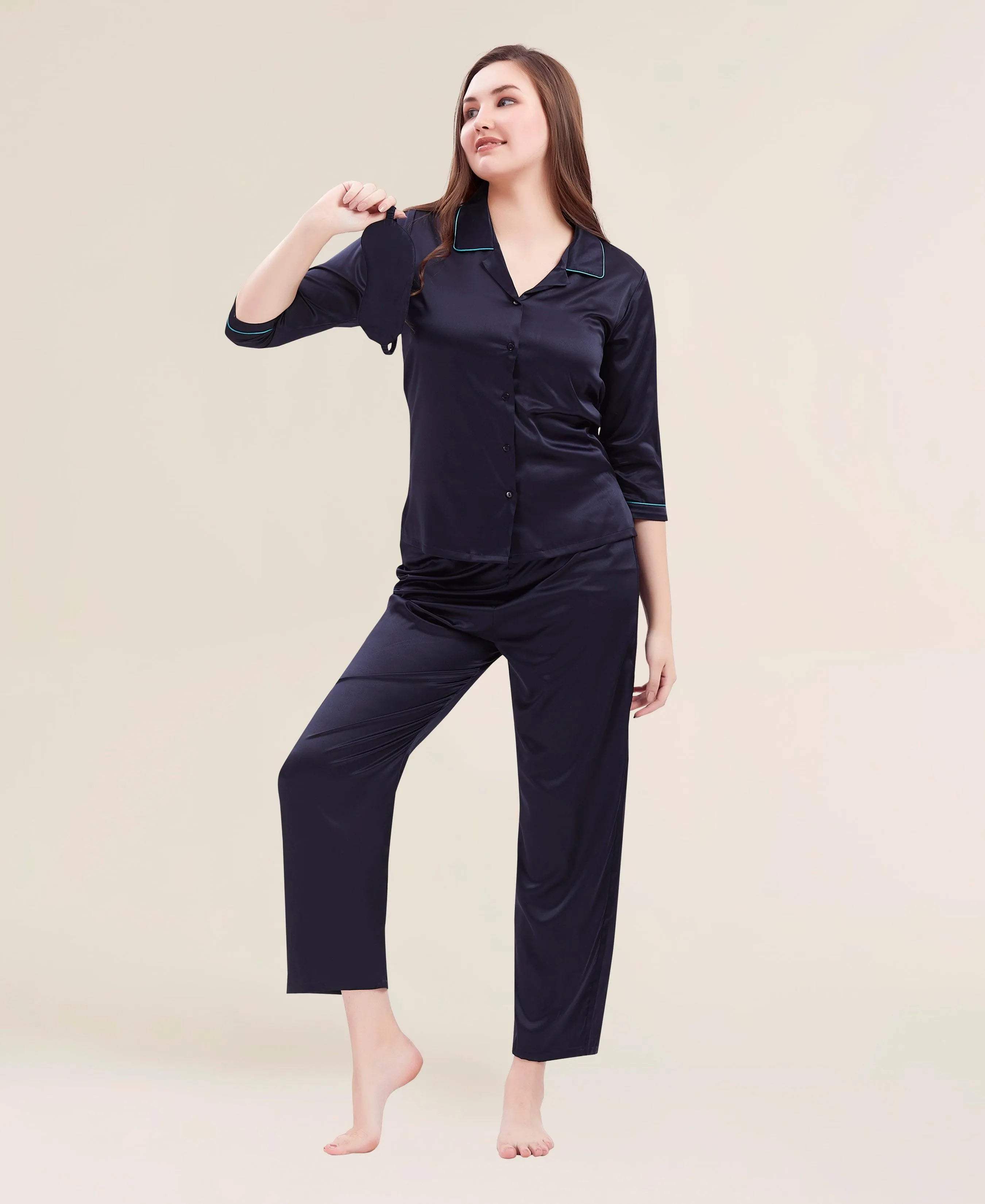 Velure Flerry Red Satin Night Suit - Velure - - 3/4 Sleeves, Collar Neck, Eye Mask, Front Button Open, Full Length Pant, Satin