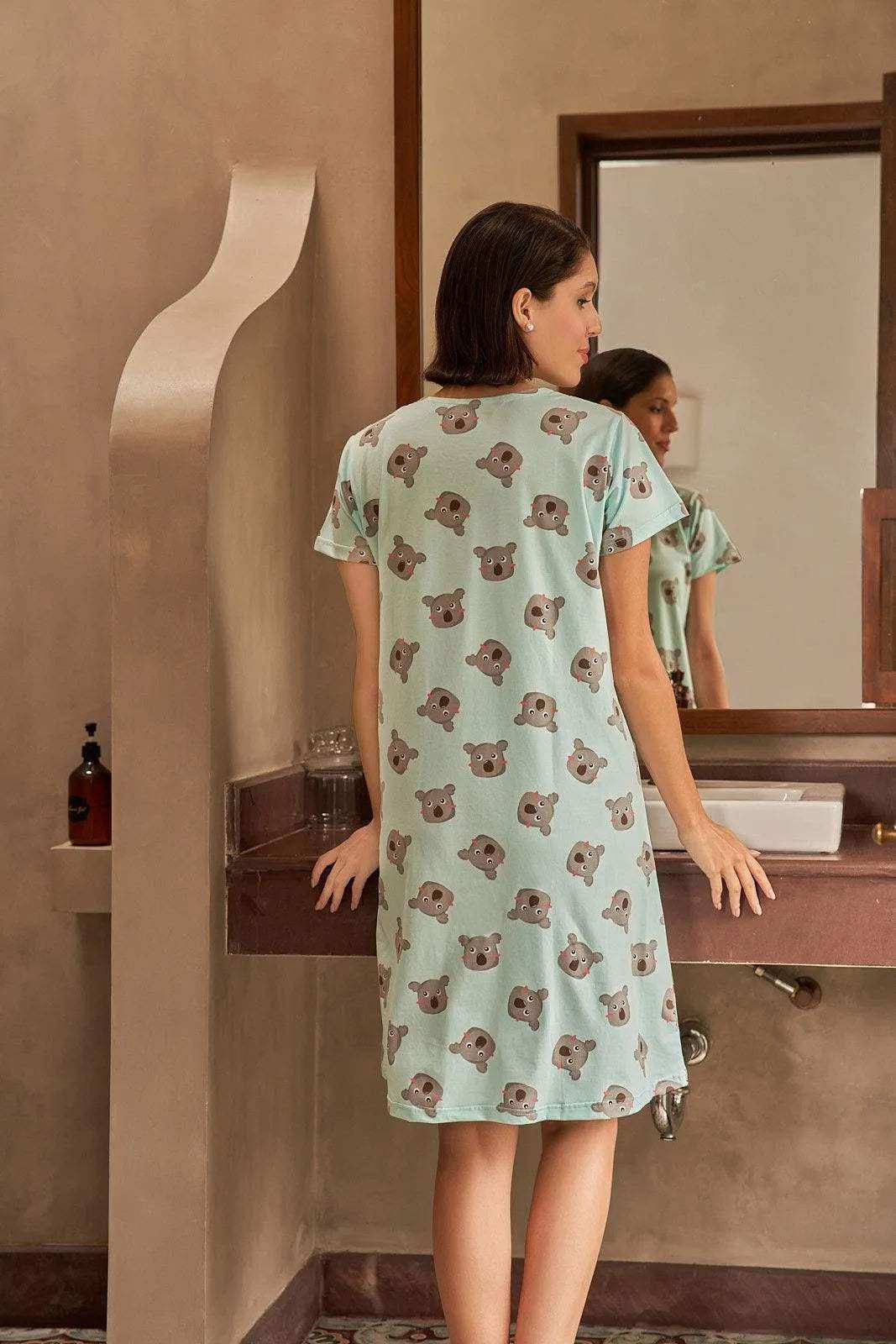 Koala Comfy Print Short Nighty - Velure - - Cotton, Half Sleeves, Knee Length, Printed, Round neck