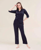 Velure Flerry Red Satin Night Suit - Velure - - 3/4 Sleeves, Collar Neck, Eye Mask, Front Button Open, Full Length Pant, Satin