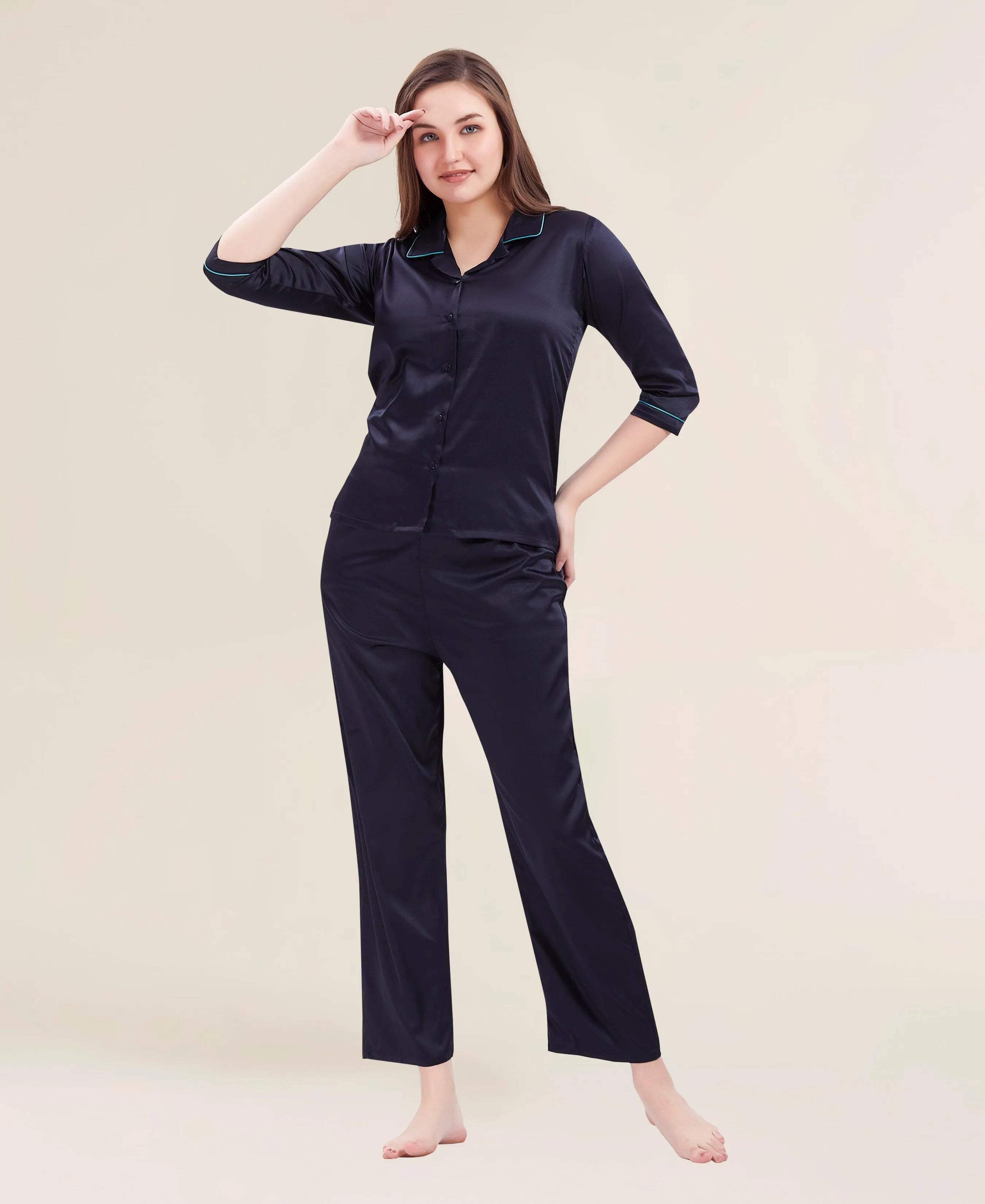Velure Flerry Red Satin Night Suit - Velure - - 3/4 Sleeves, Collar Neck, Eye Mask, Front Button Open, Full Length Pant, Satin