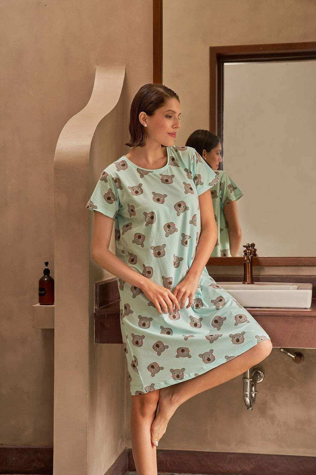 Koala Comfy Print Short Nighty - Velure - - Cotton, Half Sleeves, Knee Length, Printed, Round neck