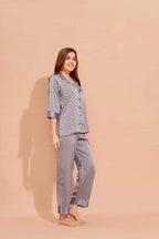 Velure Playful Polka Dot Satin Night Suit - Velure - Shirt and Pant - 3/4 Sleeves, Collar Neck, Front Button Open, Full Length Pant, Polka Dot, Satin