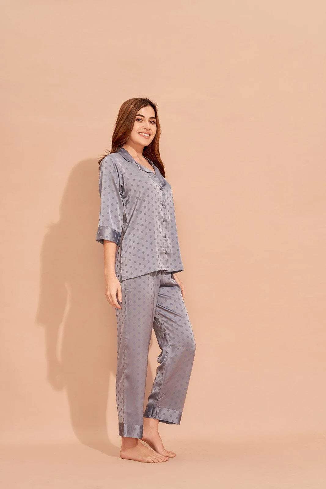 Velure Playful Polka Dot Satin Night Suit - Velure - Shirt and Pant - 3/4 Sleeves, Collar Neck, Front Button Open, Full Length Pant, Polka Dot, Satin