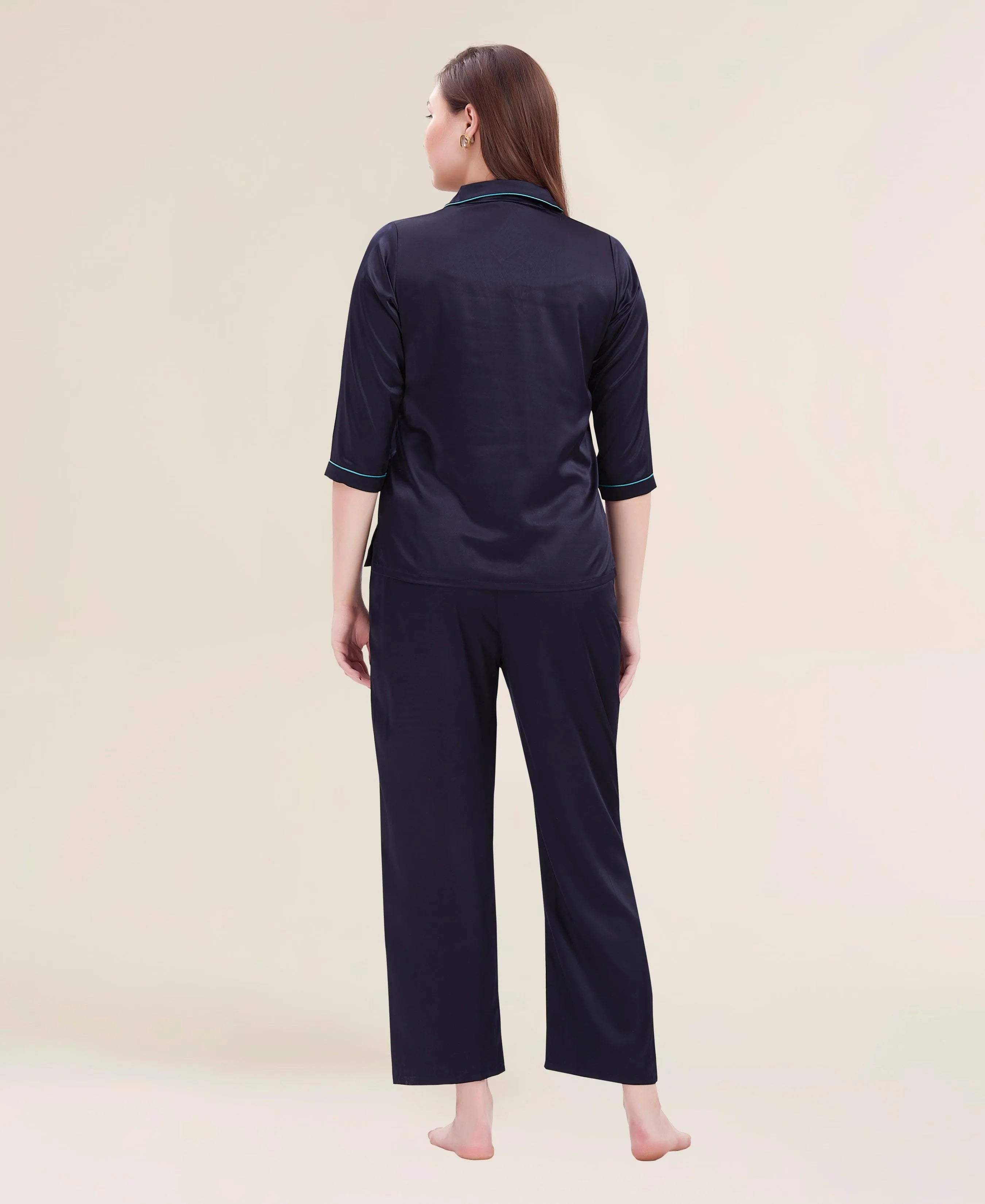 Velure Flerry Red Satin Night Suit - Velure - - 3/4 Sleeves, Collar Neck, Eye Mask, Front Button Open, Full Length Pant, Satin