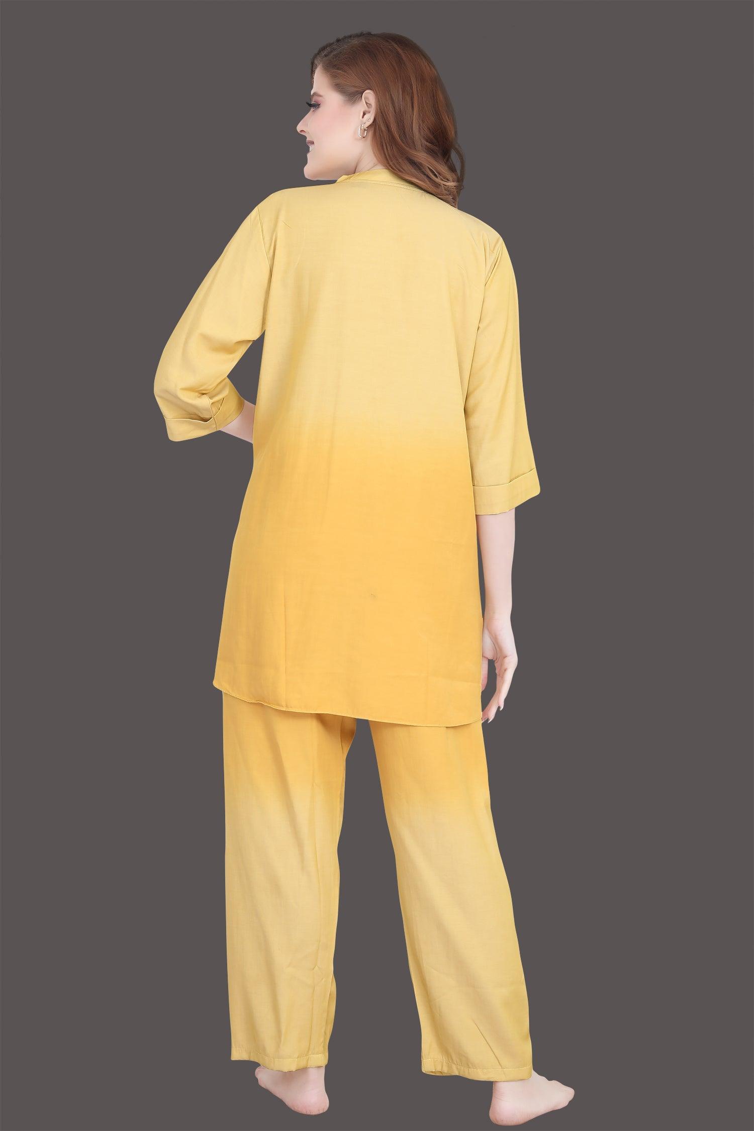 Velure Cool Dual Shade Kurti Style Night Suit - Velure - Long Top and Pant - 3/4 Sleeves, Collar Neck, Cotton, Front Button Open, Full Length Pant