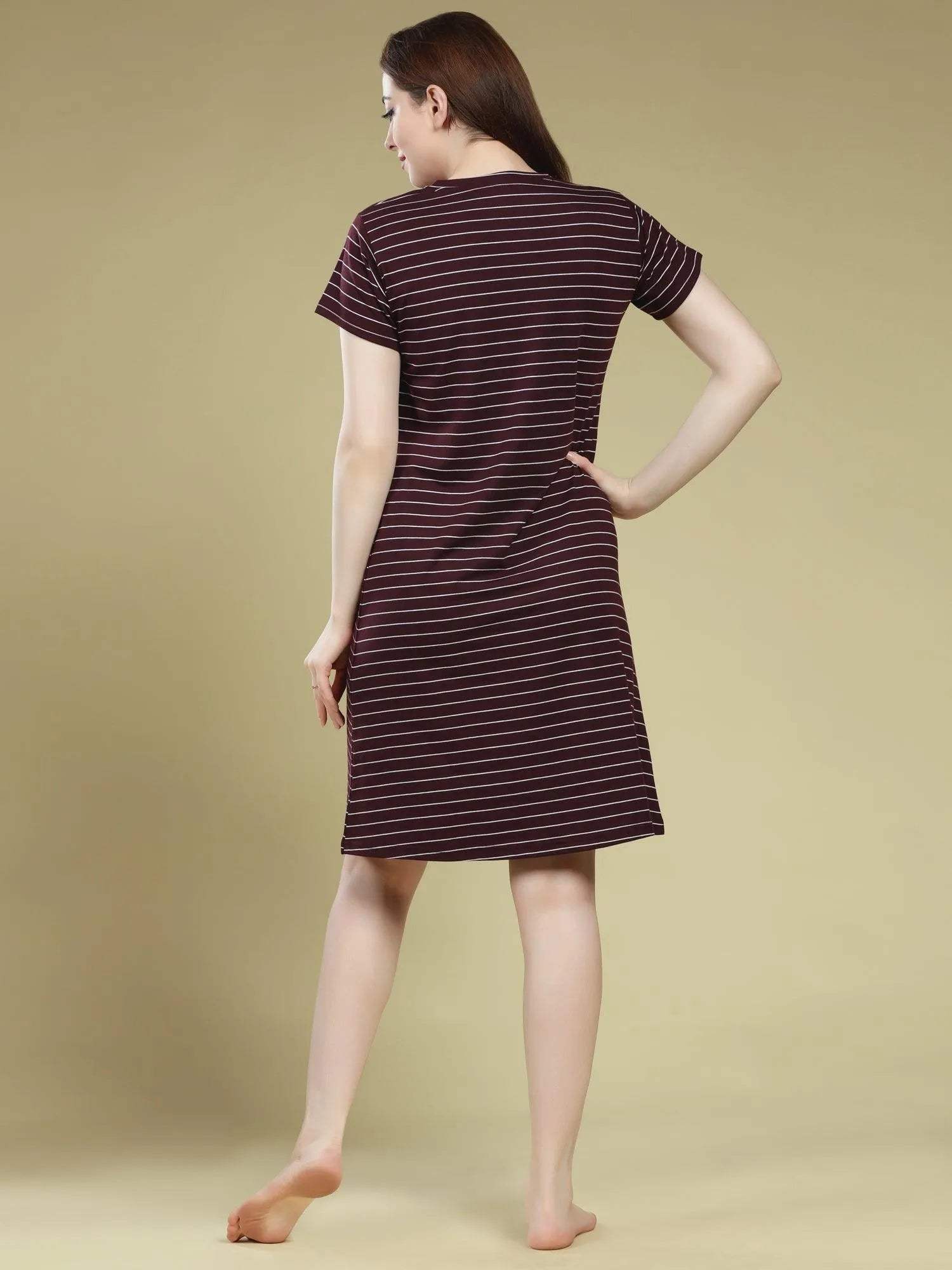 Pleasing Stripes Short Nighty - Velure - Short Nighty - Cotton, Half Sleeves, Knee Length, Printed, Round neck