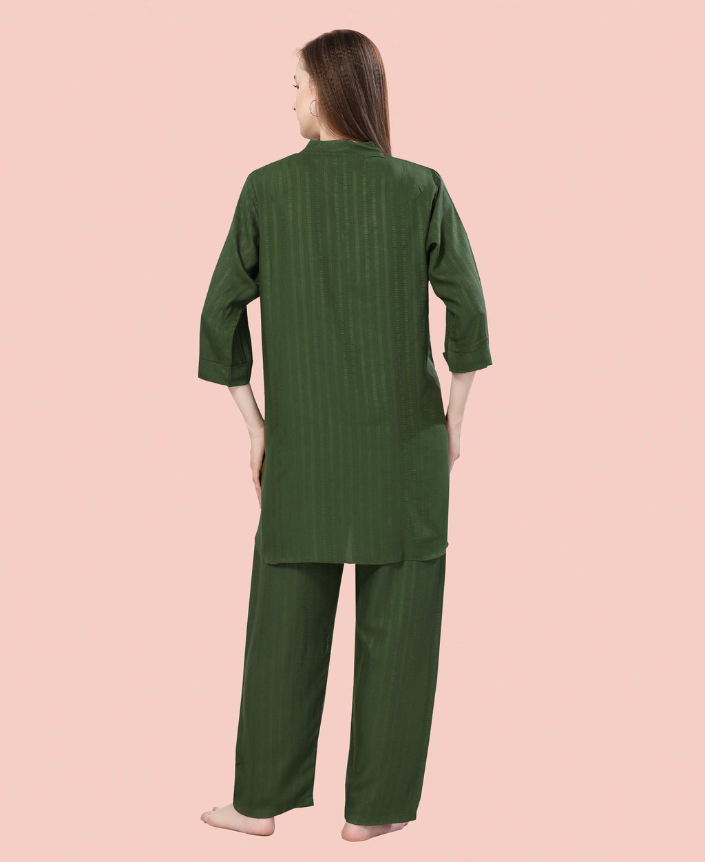 Velure Classic Green Kurti Style Night Suit - Velure - - 3/4 Sleeves, Collar Neck, Cotton, Front Button Open, Full Length Pant