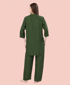 Velure Classic Green Kurti Style Night Suit - Velure - - 3/4 Sleeves, Collar Neck, Cotton, Front Button Open, Full Length Pant