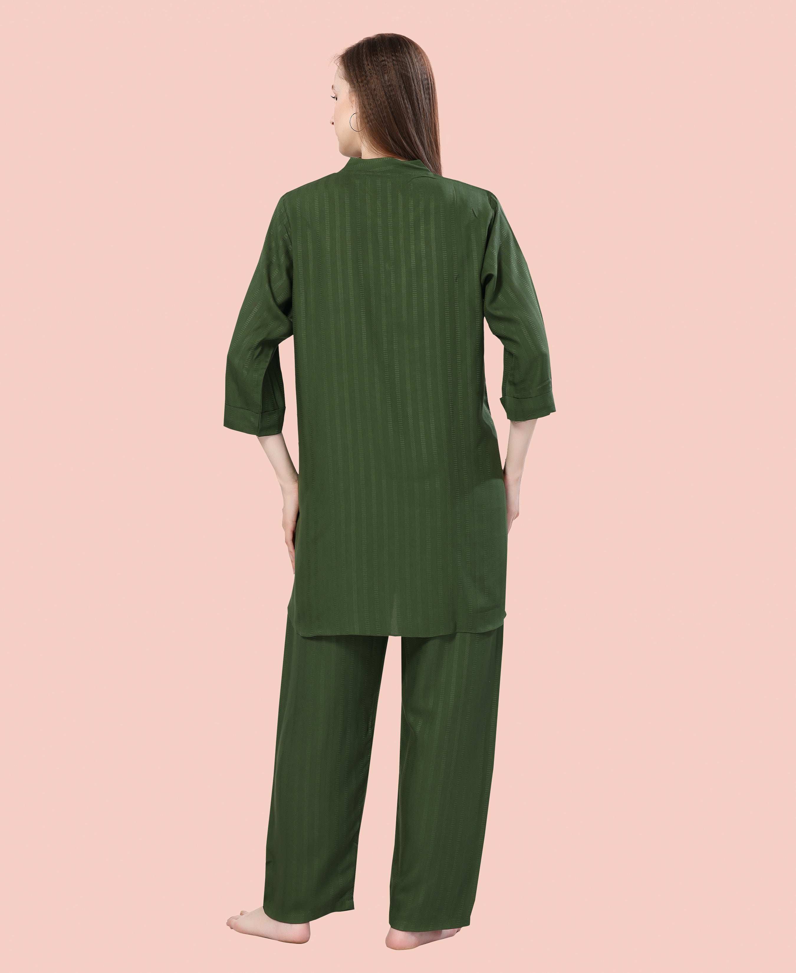 Velure Classic Green Kurti Style Night Suit - Velure - - 3/4 Sleeves, Collar Neck, Cotton, Front Button Open, Full Length Pant