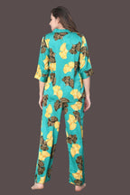 Velure Bold Abstract Floral Satin Night Suit - Velure - - 3/4 Sleeves, Abstract Print, Collar Neck, Front Button Open, Full Length Pants, Satin