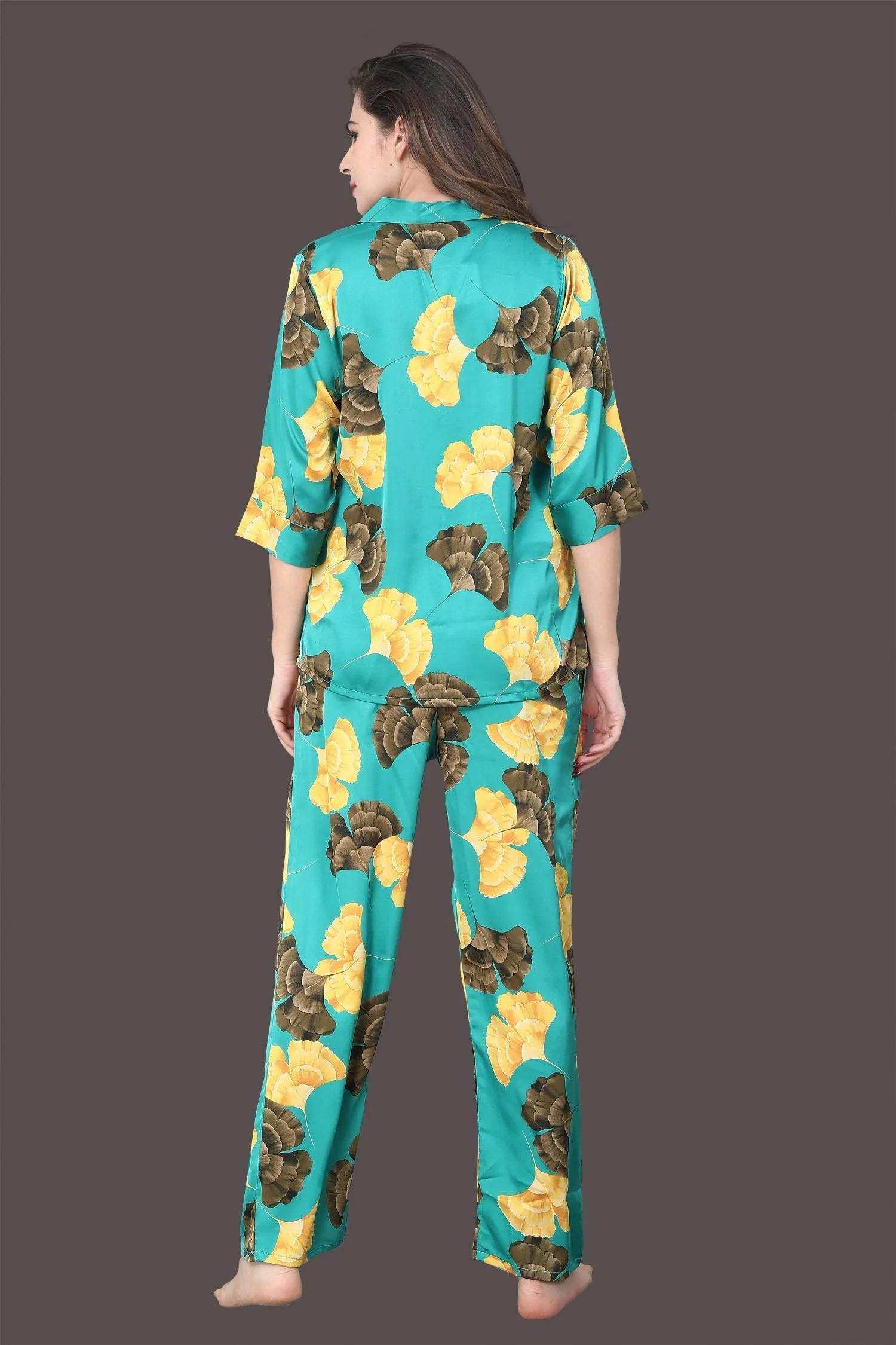 Velure Bold Abstract Floral Satin Night Suit - Velure - - 3/4 Sleeves, Abstract Print, Collar Neck, Front Button Open, Full Length Pants, Satin