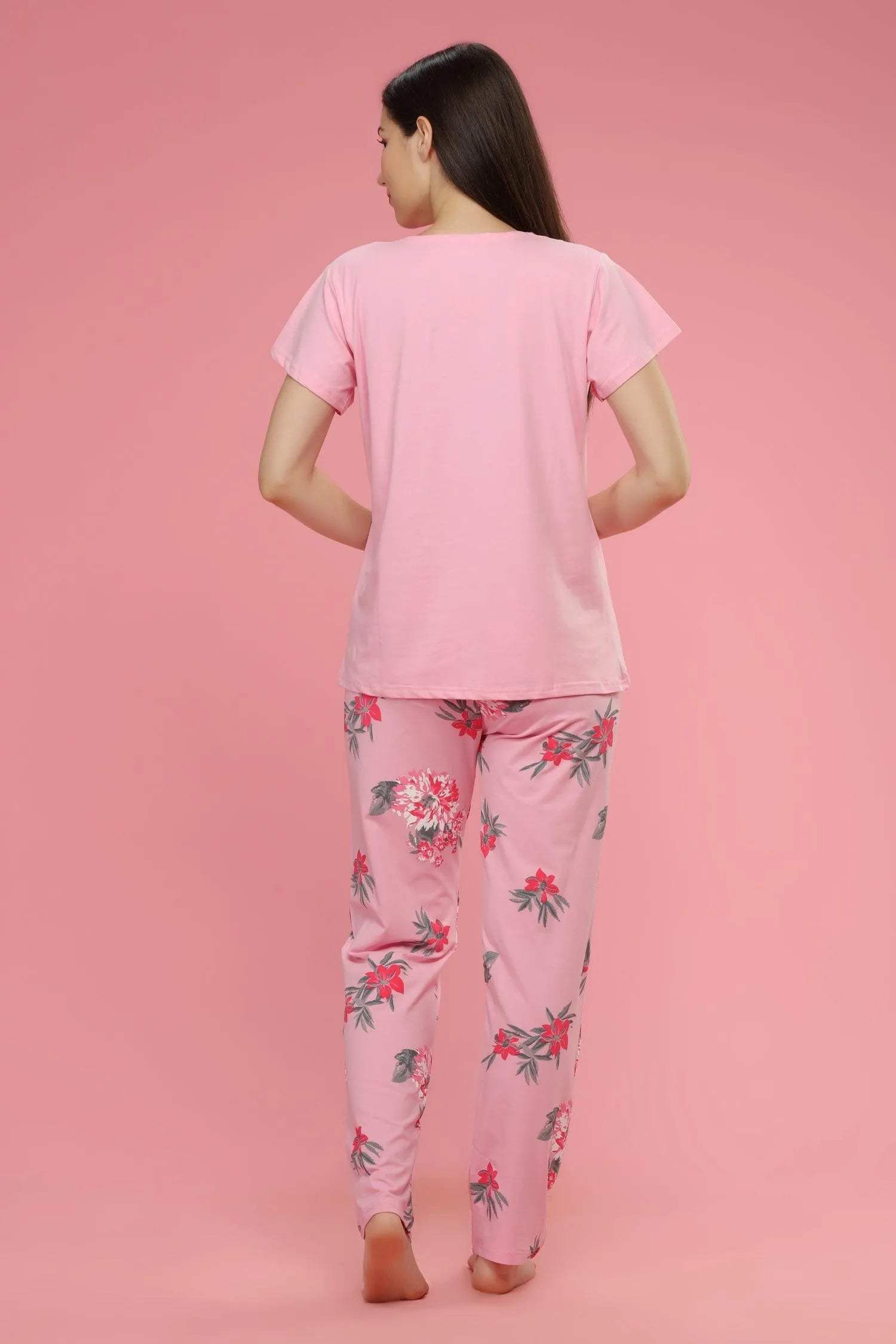 Velure Jazzy Floral Print Night Suit - Velure - Shirt and Pant - Cotton, Floral Print, Full Length Pant, Half Sleeves, Round neck