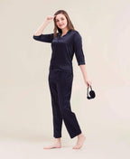 Velure Cool Chemistry Satin Night Suit - Velure - - 3/4 Sleeves, Collar Neck, Eye Mask, Front Button Open, Full Length Pant, Satin