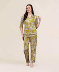 Velure Classic Floral Satin Print Night Suit - Velure - - 3/4 Sleeves, Collar Neck, Floral Print, Front Button Open, Full Length Pant, Satin