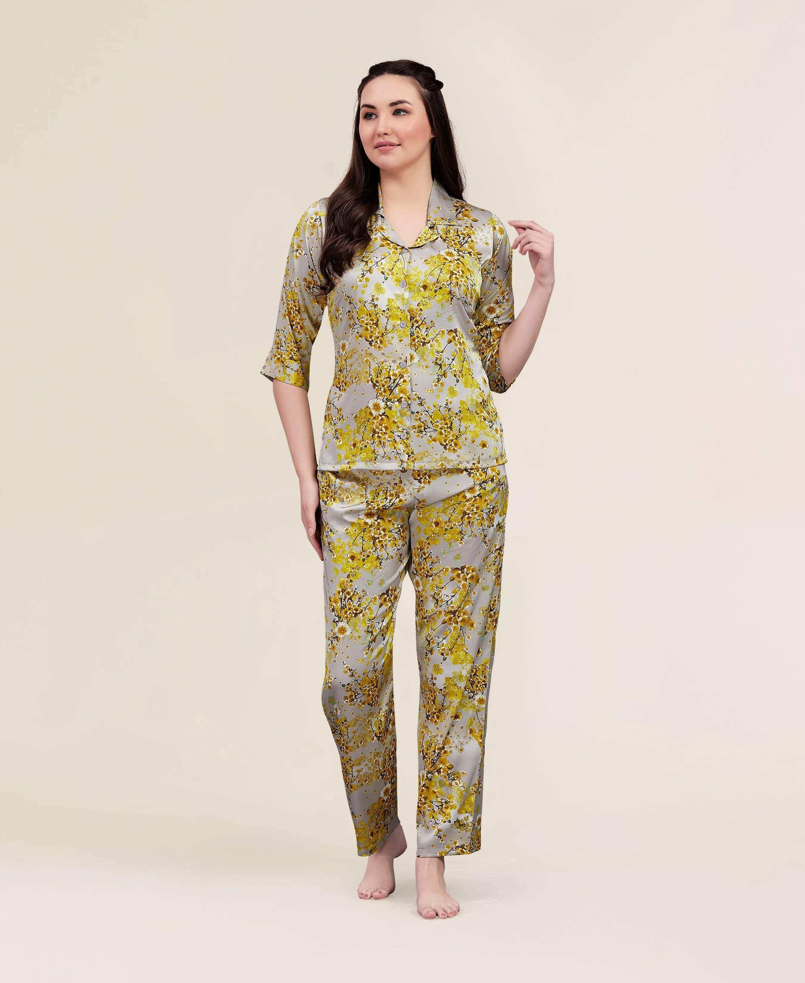 Velure Classic Floral Satin Print Night Suit - Velure - - 3/4 Sleeves, Collar Neck, Floral Print, Front Button Open, Full Length Pant, Satin