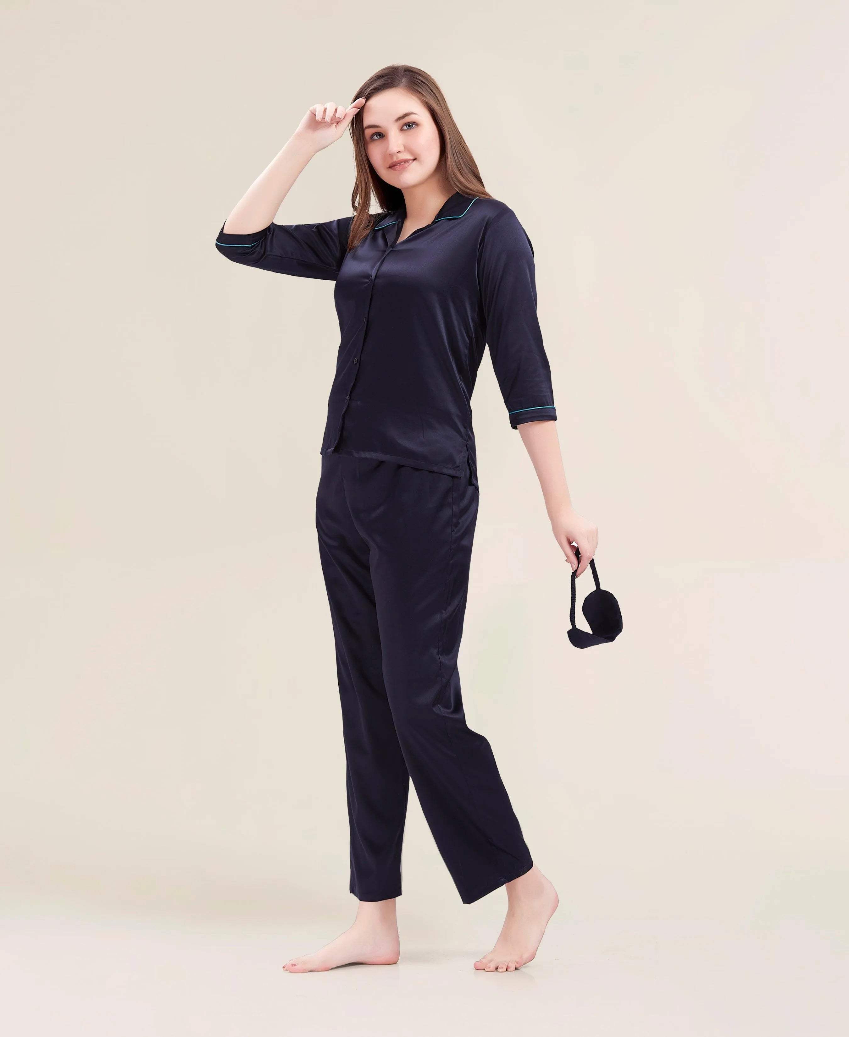 Velure Flerry Red Satin Night Suit - Velure - - 3/4 Sleeves, Collar Neck, Eye Mask, Front Button Open, Full Length Pant, Satin
