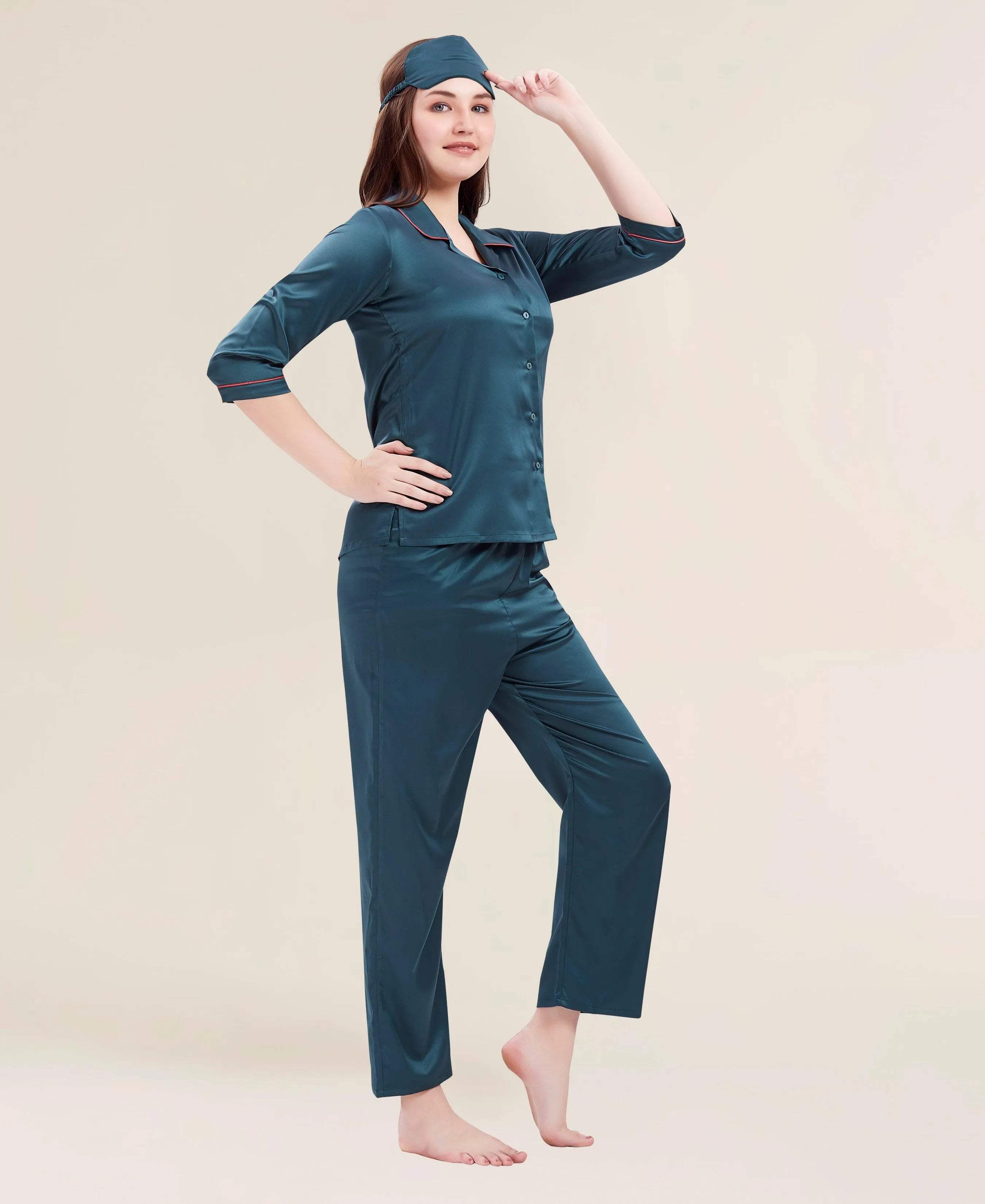 Velure Flerry Red Satin Night Suit - Velure - - 3/4 Sleeves, Collar Neck, Eye Mask, Front Button Open, Full Length Pant, Satin