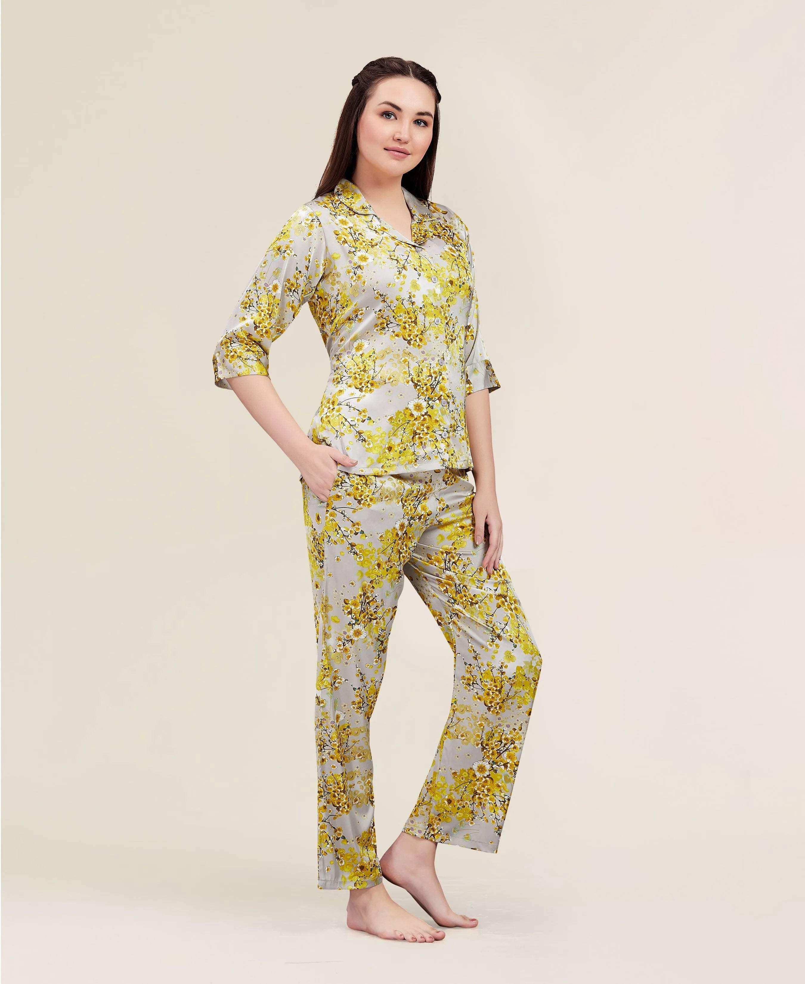 Velure Classic Floral Satin Print Night Suit - Velure - - 3/4 Sleeves, Collar Neck, Floral Print, Front Button Open, Full Length Pant, Satin