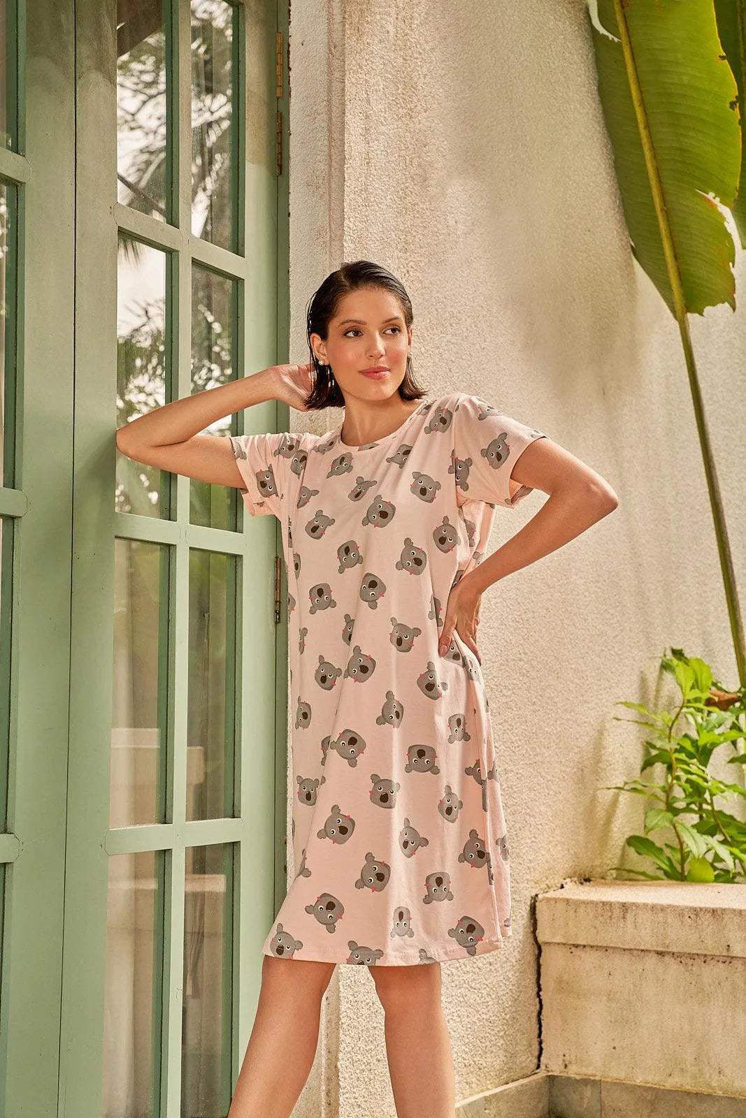 Velure Cute Cartoon Koala Faces Short Nighty - Velure - Short Nighty - Cotton, Half Sleeves, Knee Length, Printed, Round neck