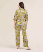 Velure Classic Floral Satin Print Night Suit - Velure - - 3/4 Sleeves, Collar Neck, Floral Print, Front Button Open, Full Length Pant, Satin