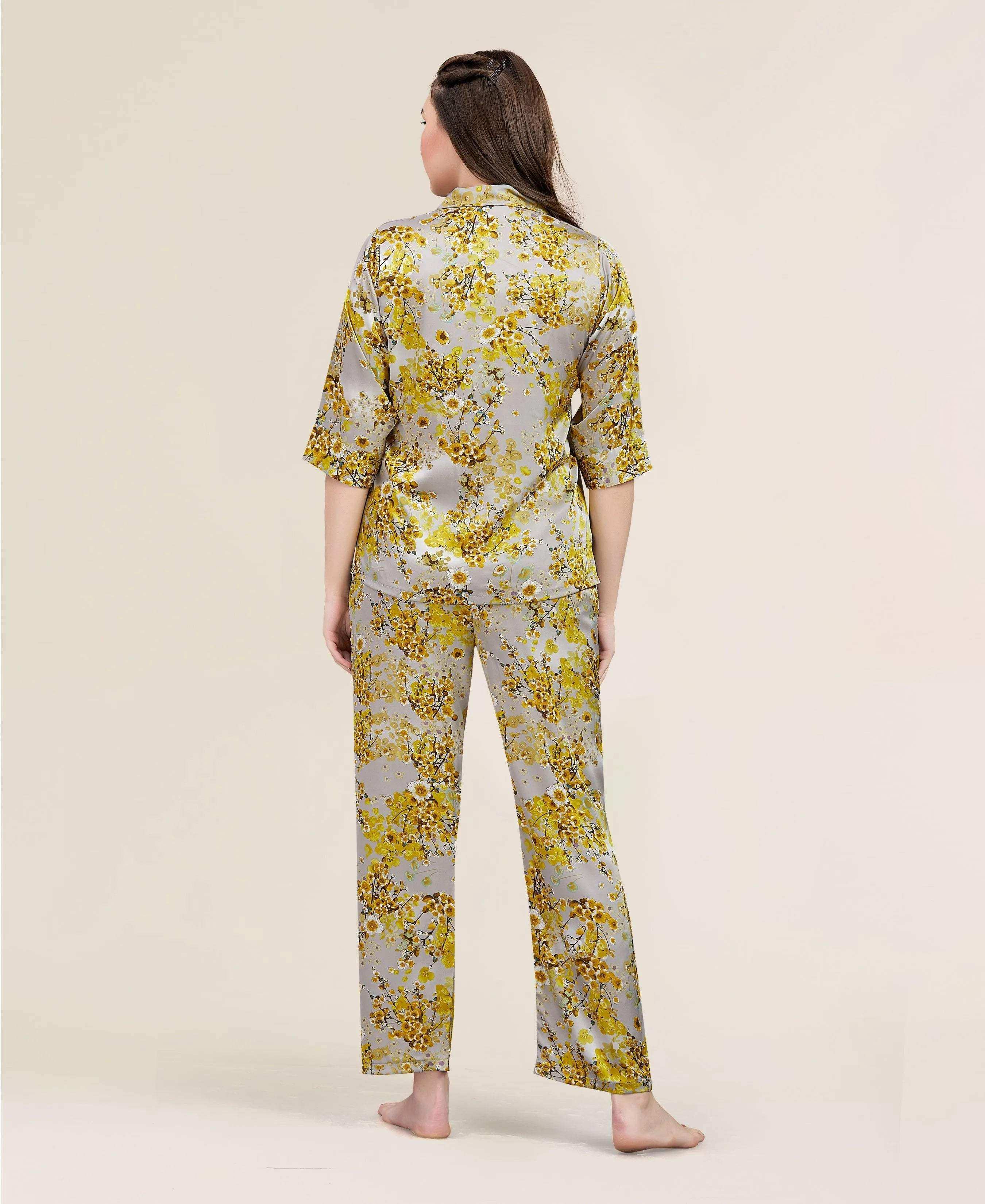 Velure Classic Floral Satin Print Night Suit - Velure - - 3/4 Sleeves, Collar Neck, Floral Print, Front Button Open, Full Length Pant, Satin