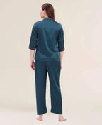 Velure Flerry Red Satin Night Suit - Velure - - 3/4 Sleeves, Collar Neck, Eye Mask, Front Button Open, Full Length Pant, Satin