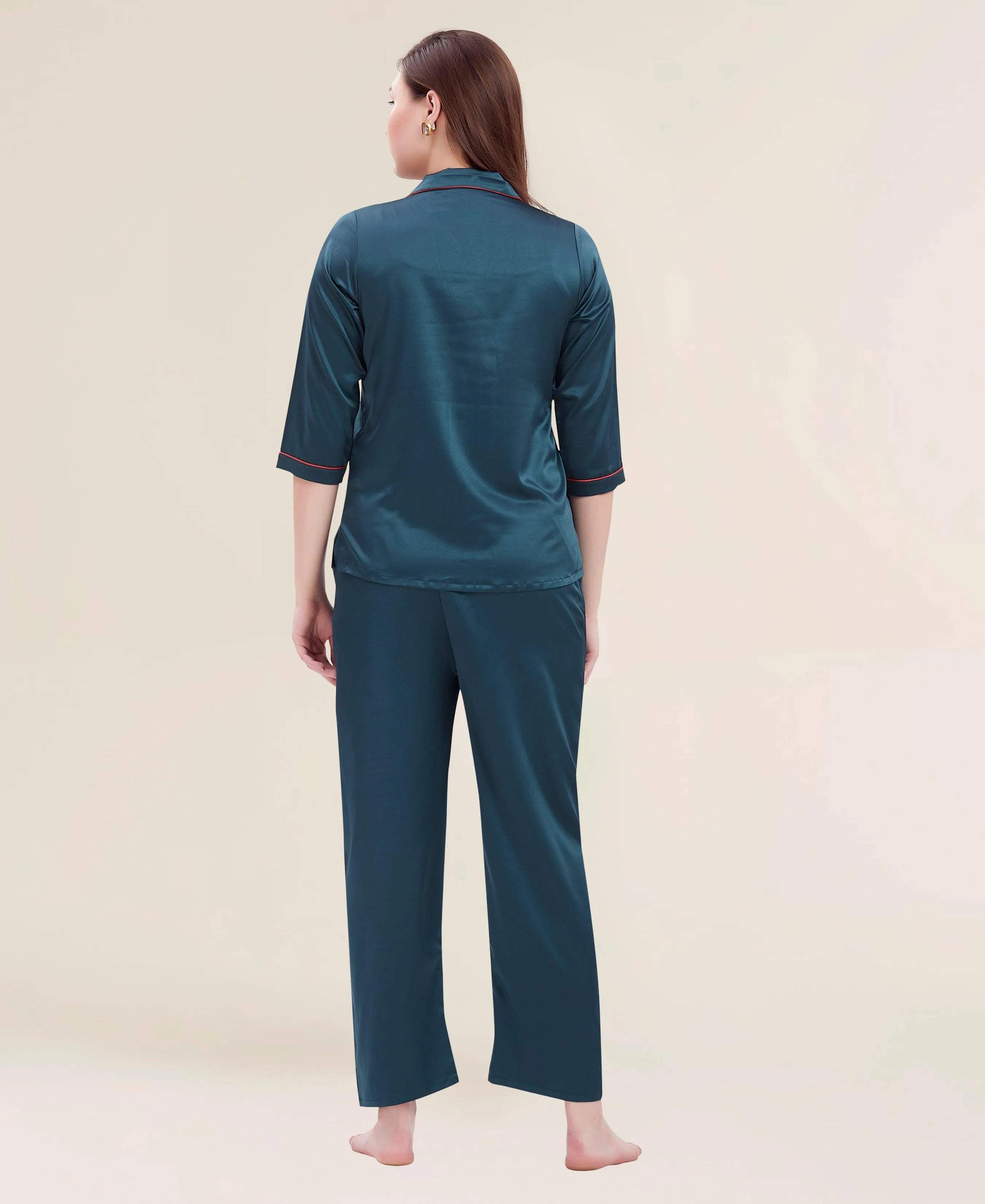 Velure Flerry Red Satin Night Suit - Velure - - 3/4 Sleeves, Collar Neck, Eye Mask, Front Button Open, Full Length Pant, Satin