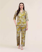 Velure Classic Floral Satin Print Night Suit - Velure - - 3/4 Sleeves, Collar Neck, Floral Print, Front Button Open, Full Length Pant, Satin