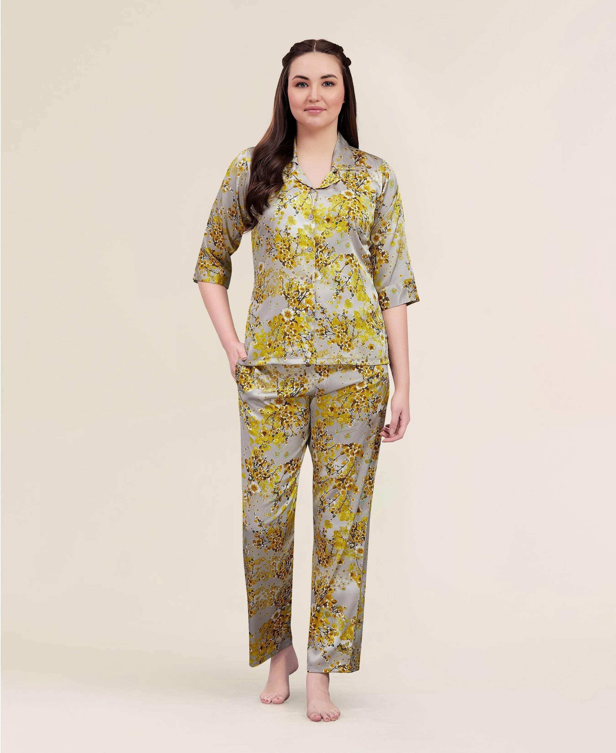 Velure Classic Floral Satin Print Night Suit - Velure - - 3/4 Sleeves, Collar Neck, Floral Print, Front Button Open, Full Length Pant, Satin