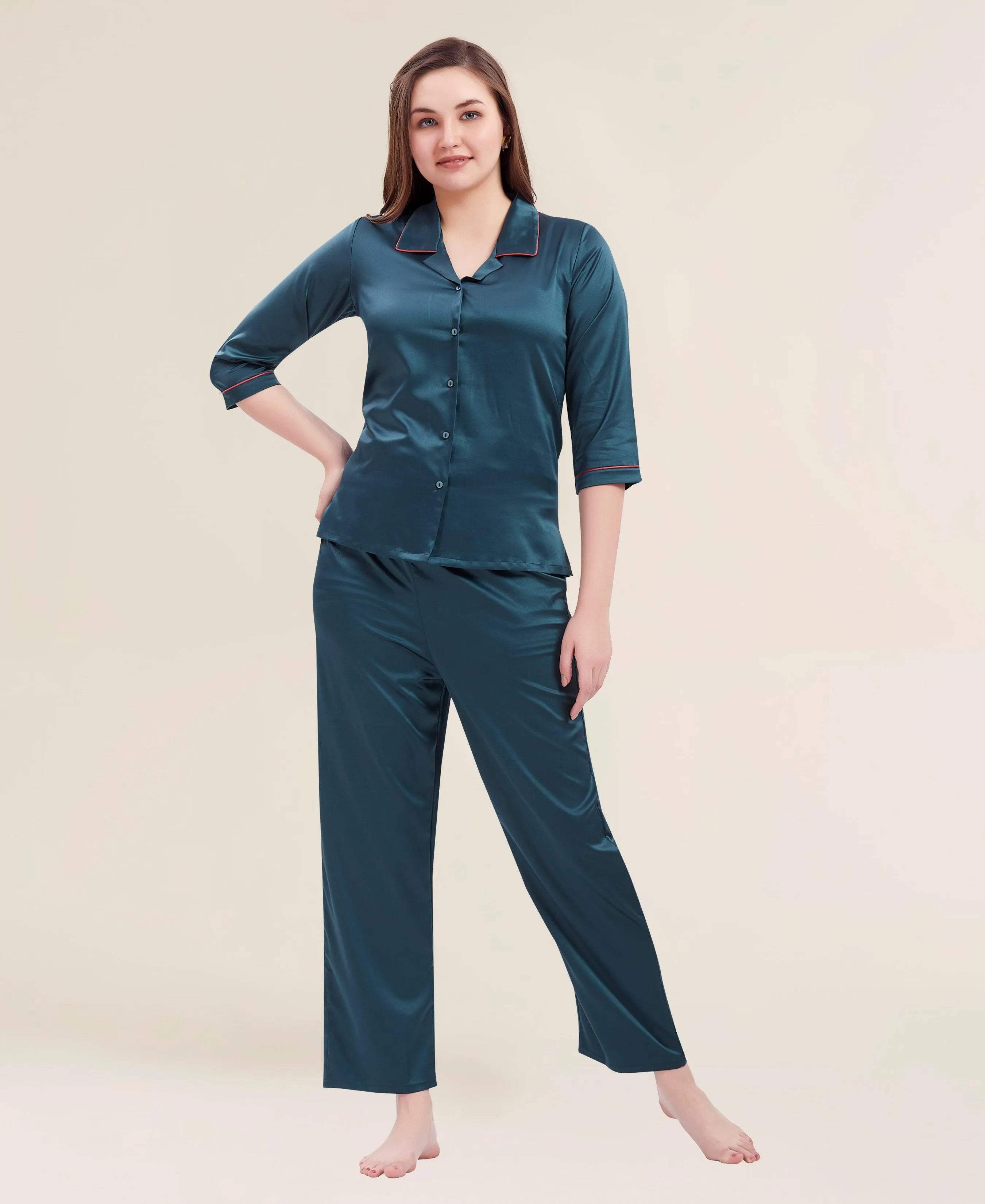 Velure Flerry Red Satin Night Suit - Velure - - 3/4 Sleeves, Collar Neck, Eye Mask, Front Button Open, Full Length Pant, Satin