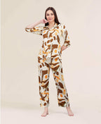 Velure Shiny Chemistry Satin Night Suit - Velure - - 3/4 Sleeves, Abstract Print, Collar Neck, Front Button Open, Full Length Pant, Satin