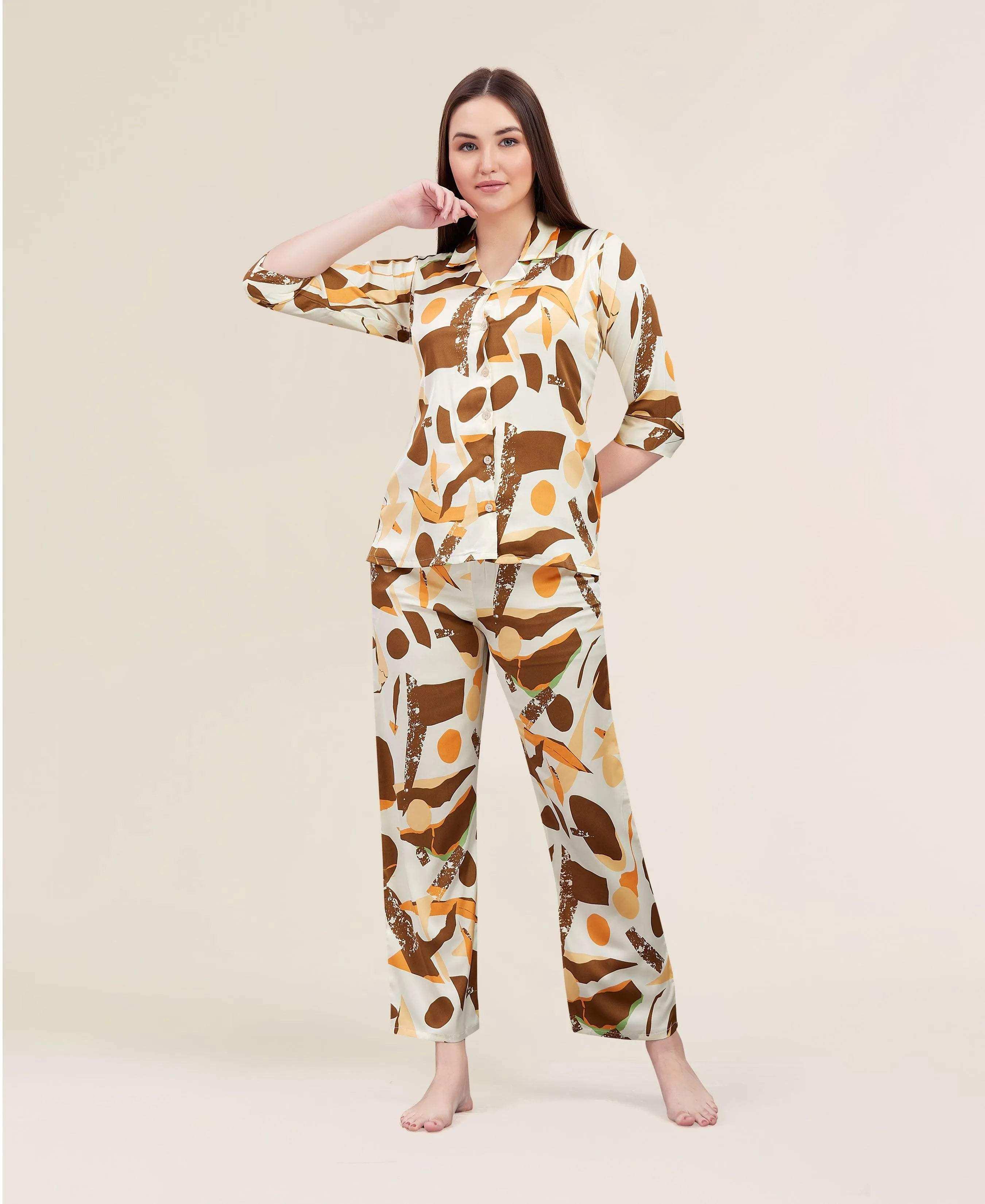 Velure Shiny Chemistry Satin Night Suit - Velure - - 3/4 Sleeves, Abstract Print, Collar Neck, Front Button Open, Full Length Pant, Satin