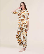 Velure Shiny Chemistry Satin Night Suit - Velure - - 3/4 Sleeves, Abstract Print, Collar Neck, Front Button Open, Full Length Pant, Satin