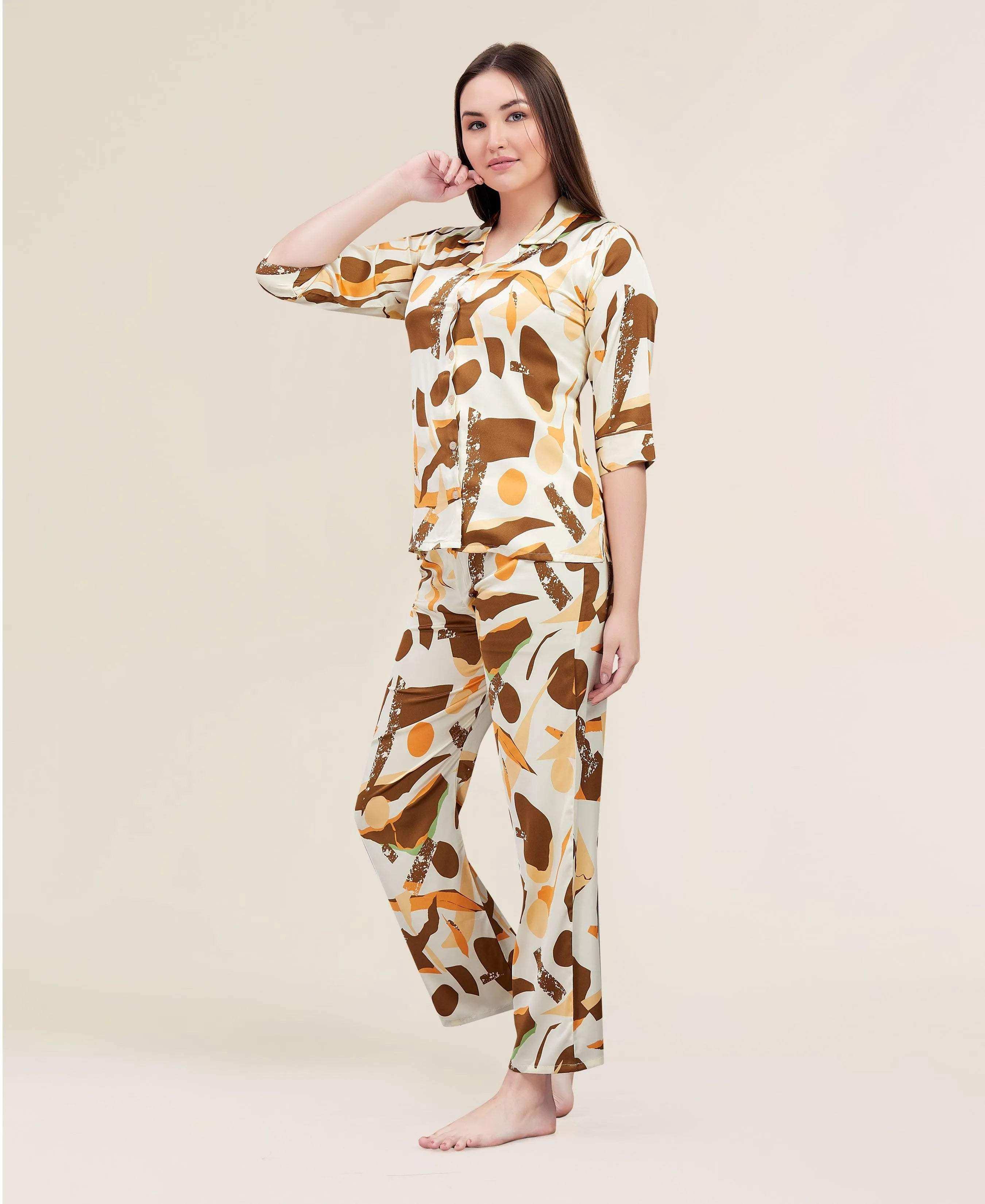 Velure Shiny Chemistry Satin Night Suit - Velure - - 3/4 Sleeves, Abstract Print, Collar Neck, Front Button Open, Full Length Pant, Satin