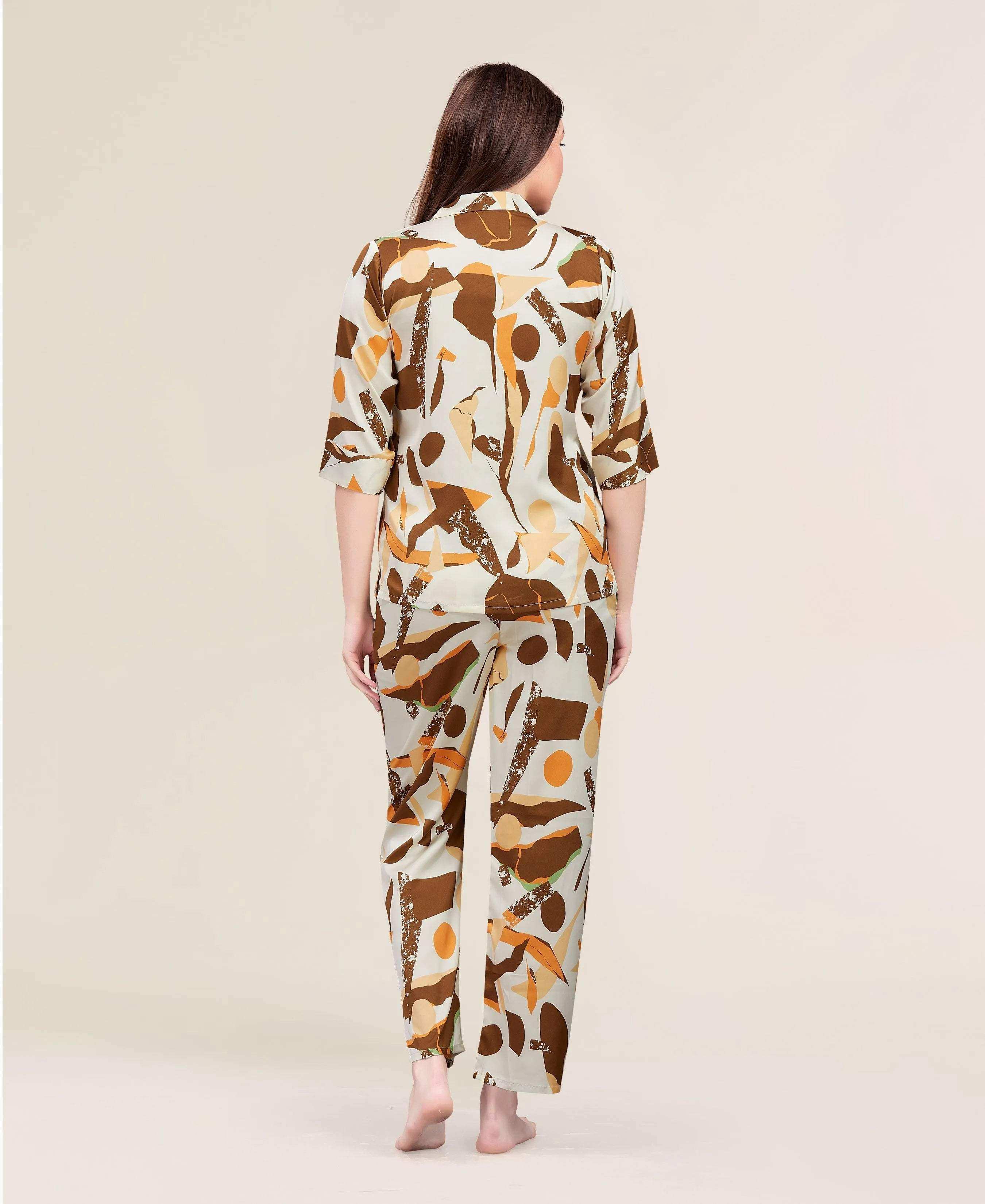 Velure Shiny Chemistry Satin Night Suit - Velure - - 3/4 Sleeves, Abstract Print, Collar Neck, Front Button Open, Full Length Pant, Satin