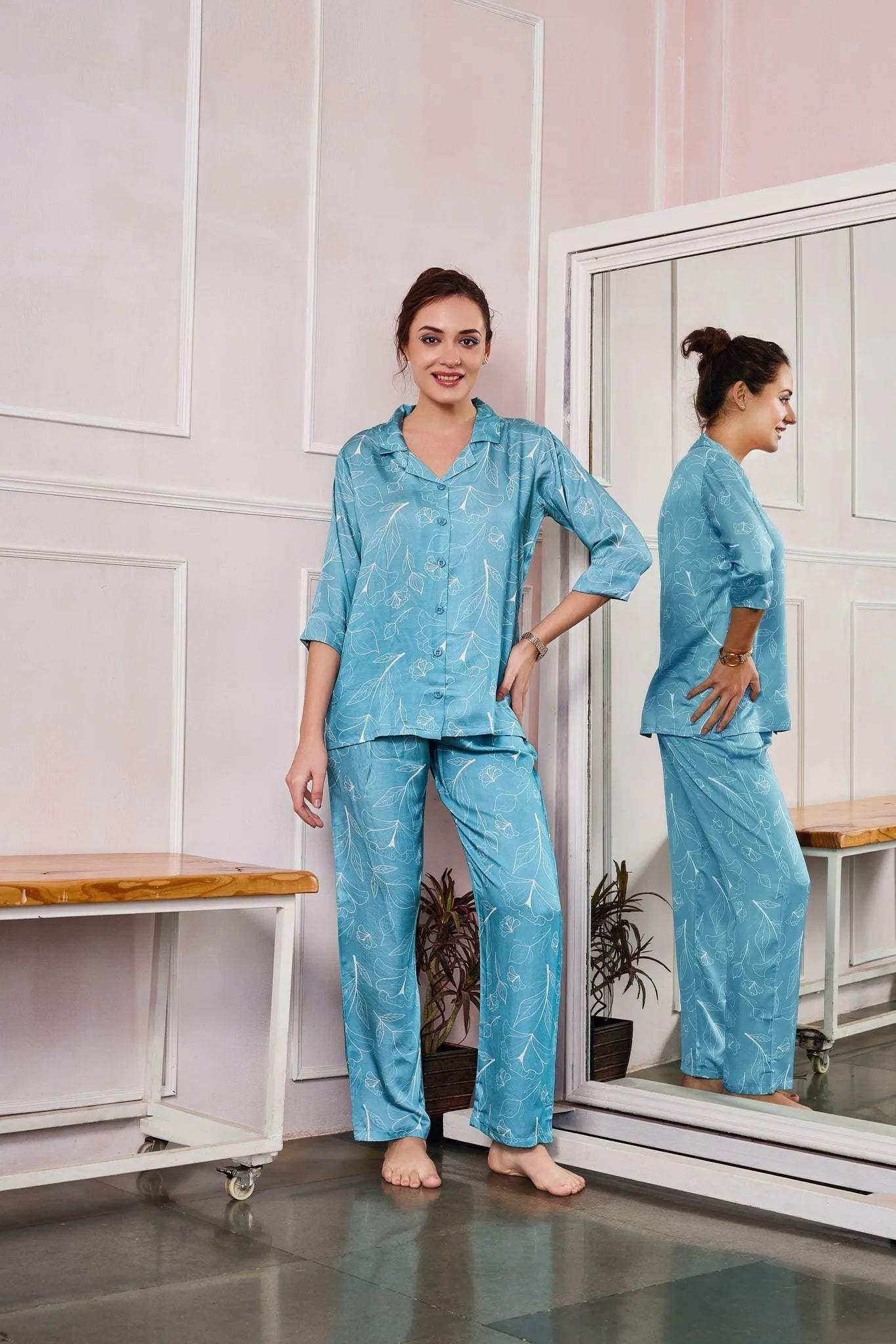 Velure Abstract Print Night Suit - Velure - - 3/4 Sleeves, Abstract Print, Collar Neck, Cotton, Front Button Open, Full Length Pant