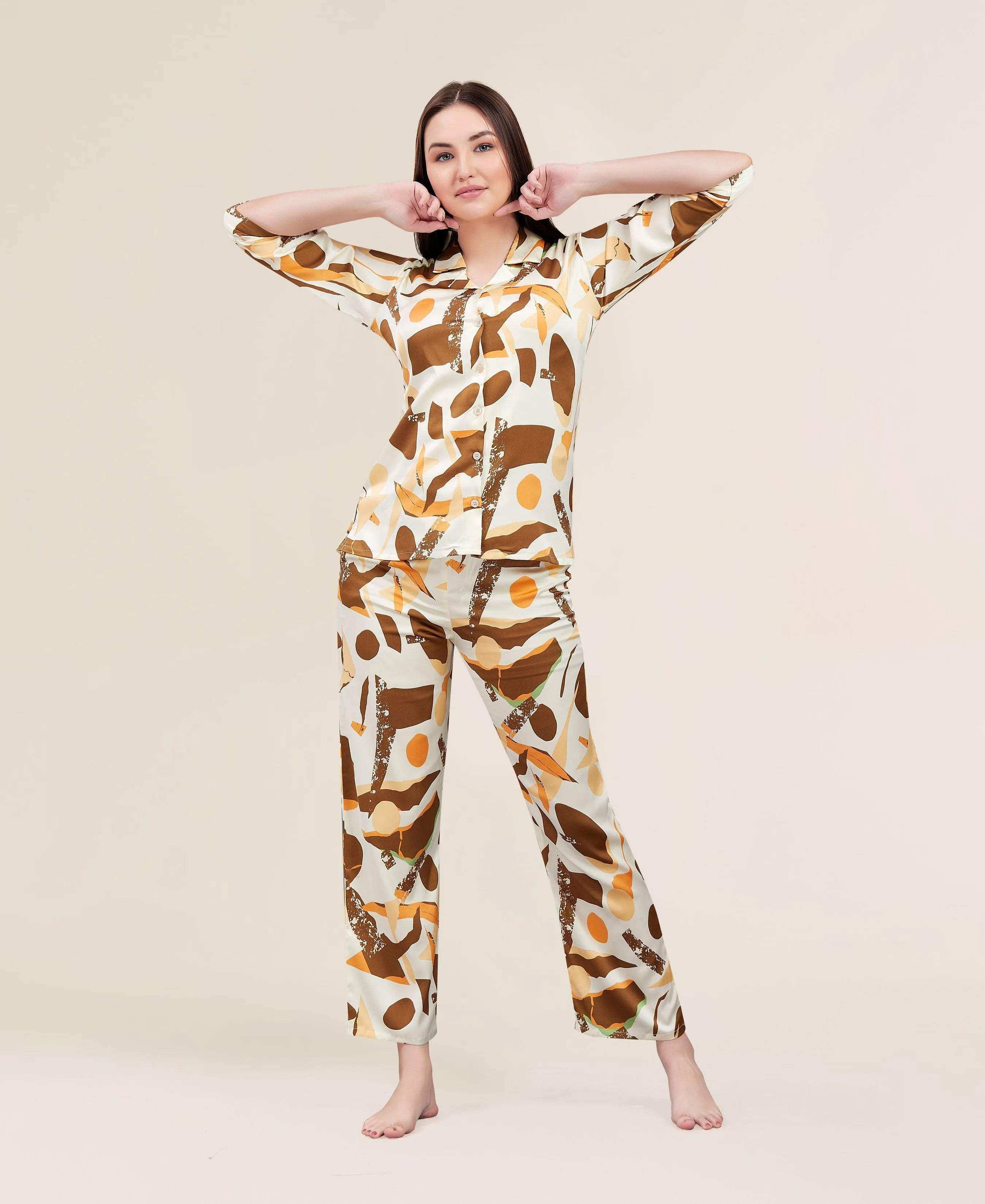 Velure Shiny Chemistry Satin Night Suit - Velure - - 3/4 Sleeves, Abstract Print, Collar Neck, Front Button Open, Full Length Pant, Satin