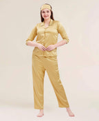 Velure Flerry Red Satin Night Suit - Velure - - 3/4 Sleeves, Collar Neck, Eye Mask, Front Button Open, Full Length Pant, Satin