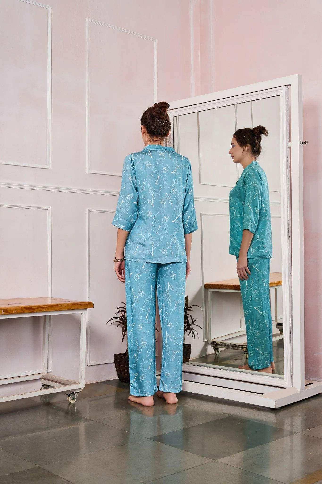 Velure Abstract Print Night Suit - Velure - - 3/4 Sleeves, Abstract Print, Collar Neck, Cotton, Front Button Open, Full Length Pant