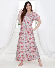 Velure Pink Floral Print Cotton Nighty - Velure - Nighty - Cotton, Full Length Nighty, Half Sleeves Nighty, Round neck Nighty