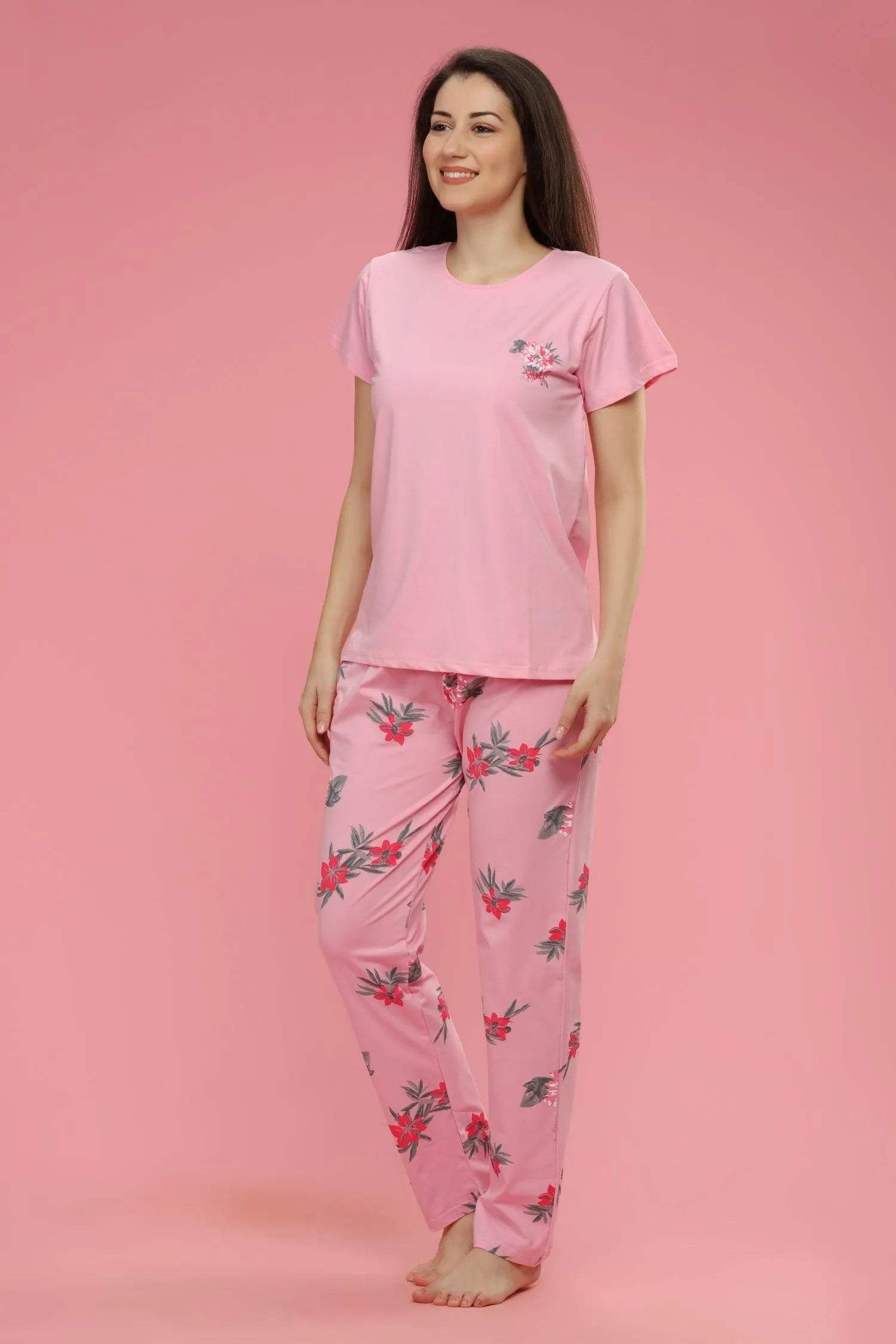 Velure Jazzy Floral Print Night Suit - Velure - Shirt and Pant - Cotton, Floral Print, Full Length Pant, Half Sleeves, Round neck