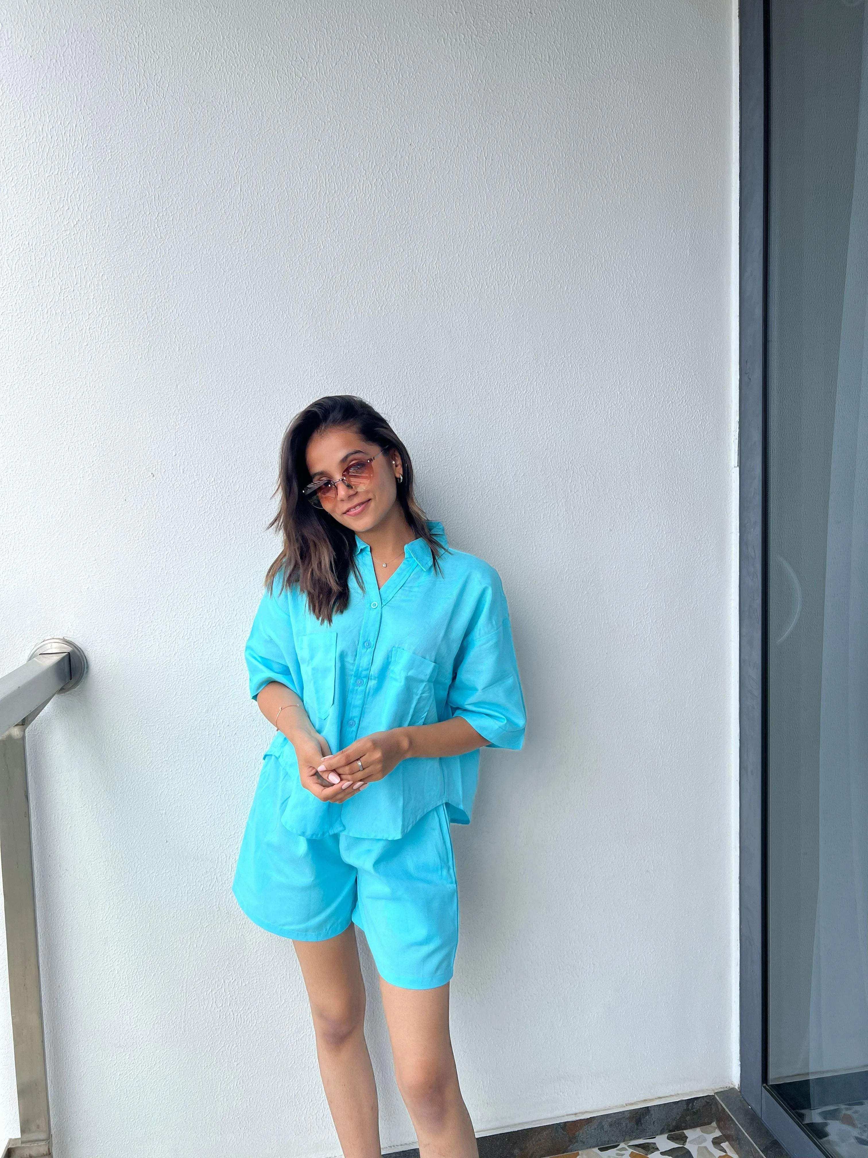 Velure Chic Blue Shorts - Velure - - Collar Neck, Half Sleeves, Oversized fit, Shorts