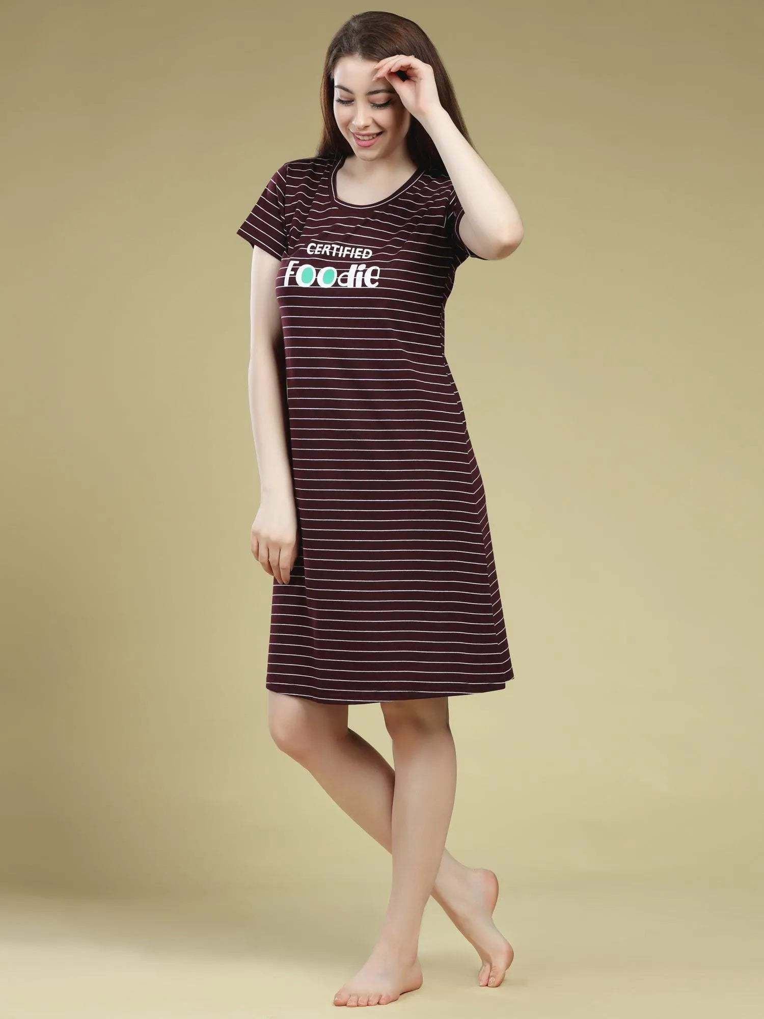 Pleasing Stripes Short Nighty - Velure - Short Nighty - Cotton, Half Sleeves, Knee Length, Printed, Round neck