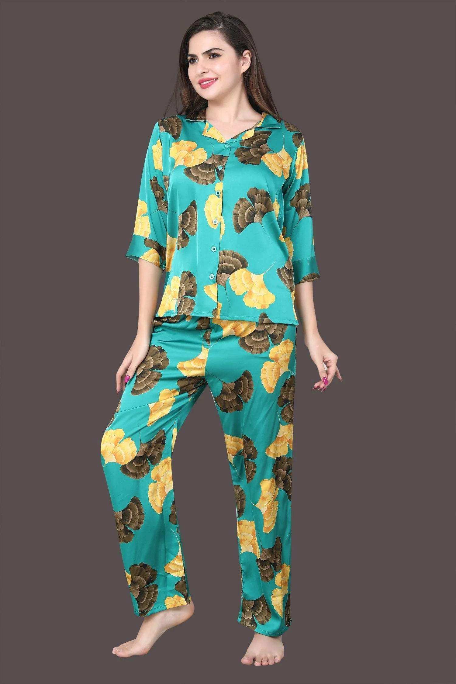 Velure Bold Abstract Floral Satin Night Suit - Velure - - 3/4 Sleeves, Abstract Print, Collar Neck, Front Button Open, Full Length Pants, Satin