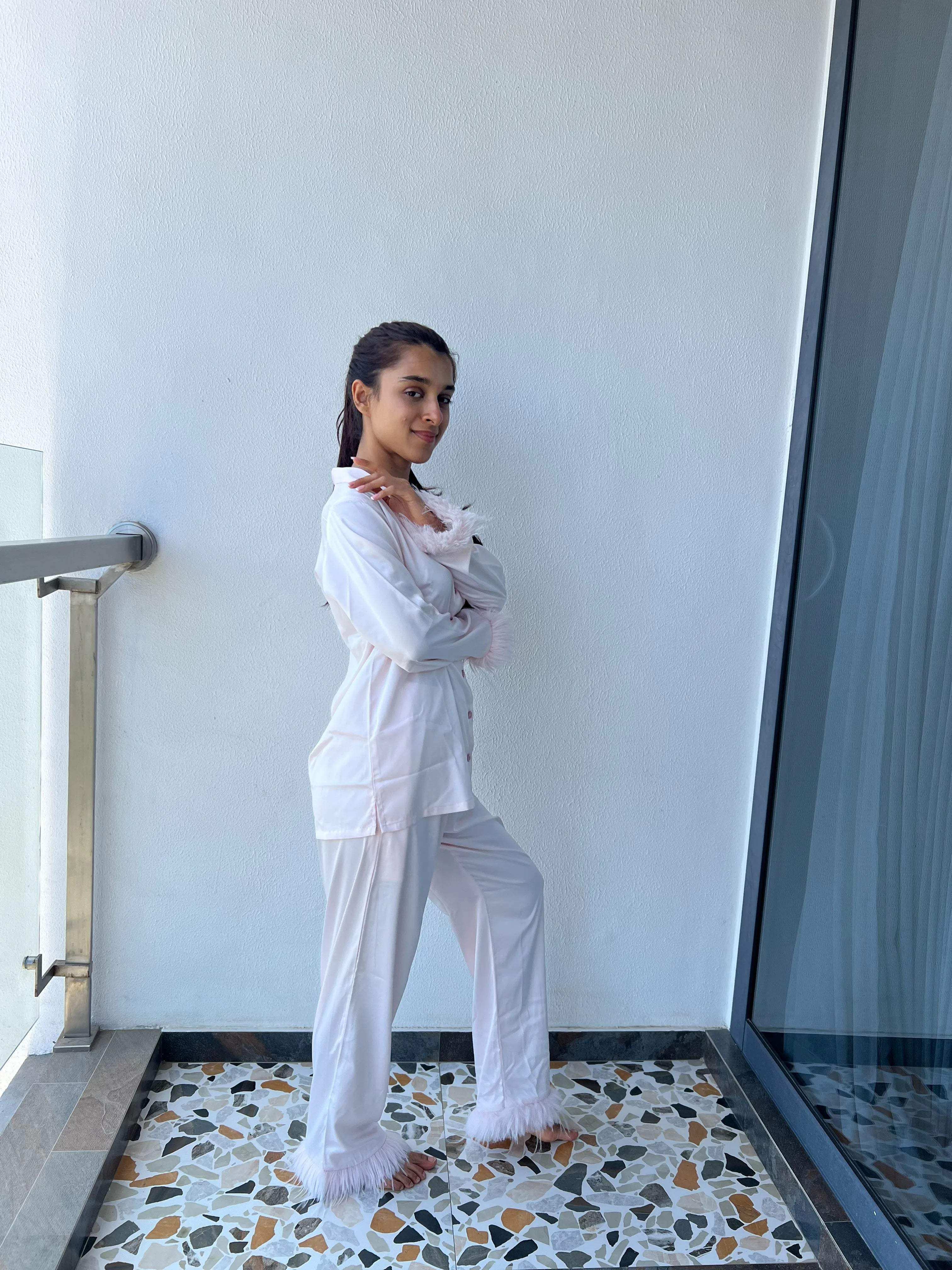 Velure Appealing Fur Satin Night Suit - Velure - Shirt and Pant - Collar Neck, Detail-plainfur, Front Button Open, Full Length Pant, Full Sleeves, Fur, Satin